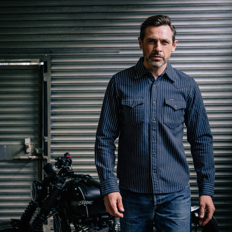Iron Heart IHSH-401-NAV 12oz Ultra Heavy Flannel Chalk Stripe Western Shirt - Navy outlook
