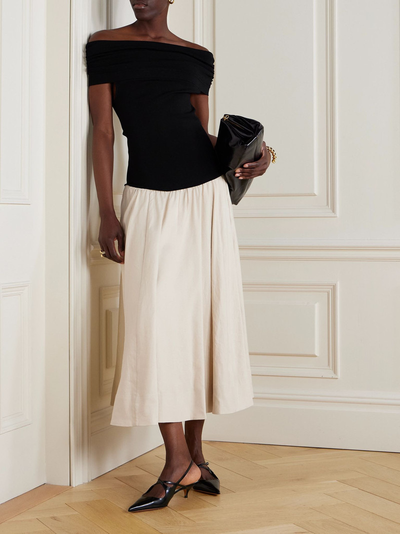 SIMKHAI Adaline off-the-shoulder linen-blend and recycled satin-jersey midi dress Black outlook