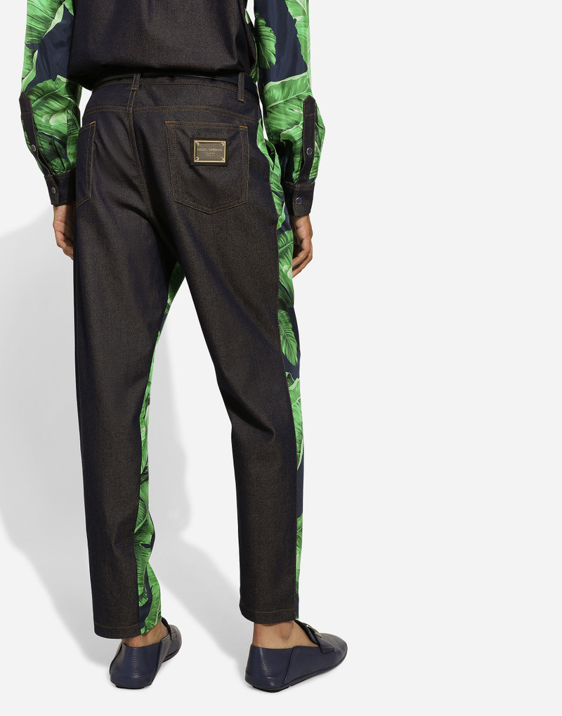 Loose blue denim and silk jeans with banana tree print 4