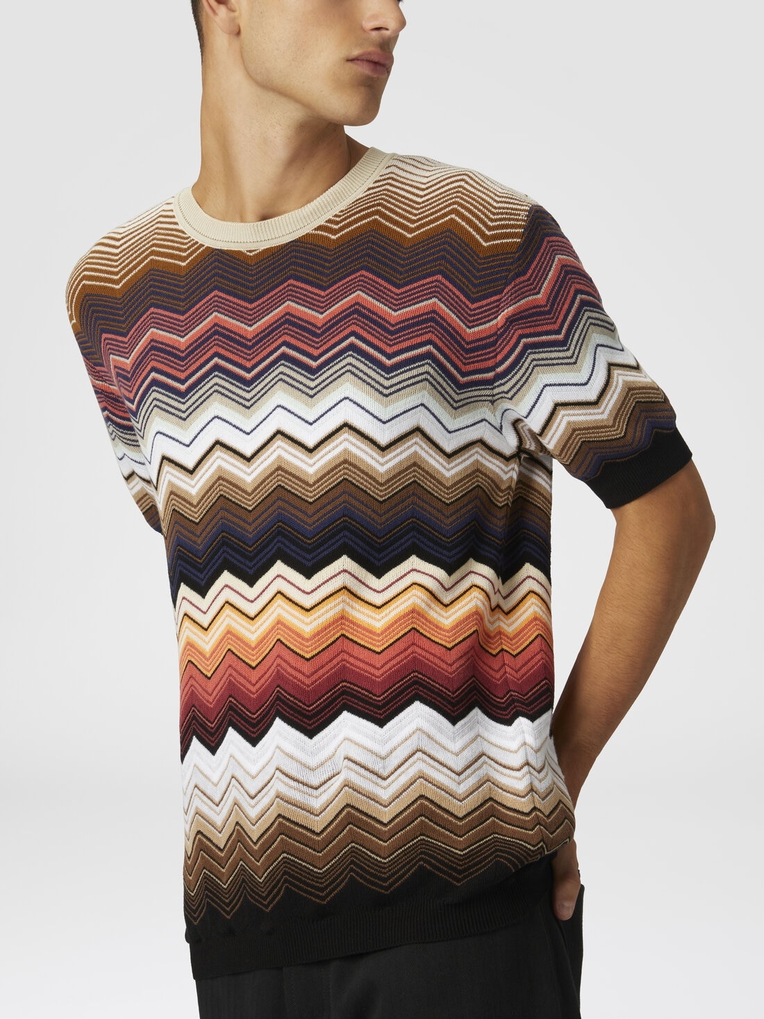 Zig zag cotton knit crewneck T-shirt with contrasting piping - 4