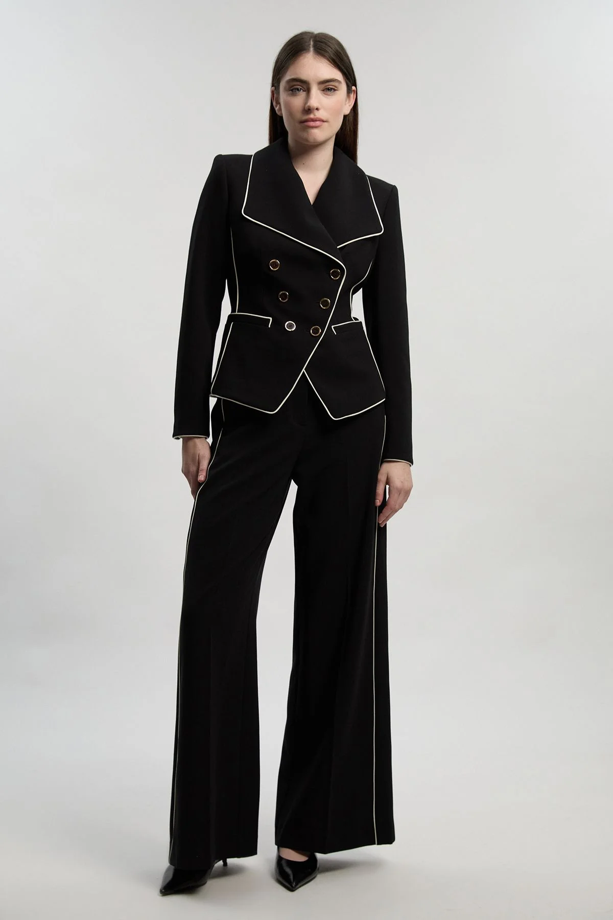 Petite Compact Stretch Contrast Tipped Wide Leg Tailored Trouser - 1