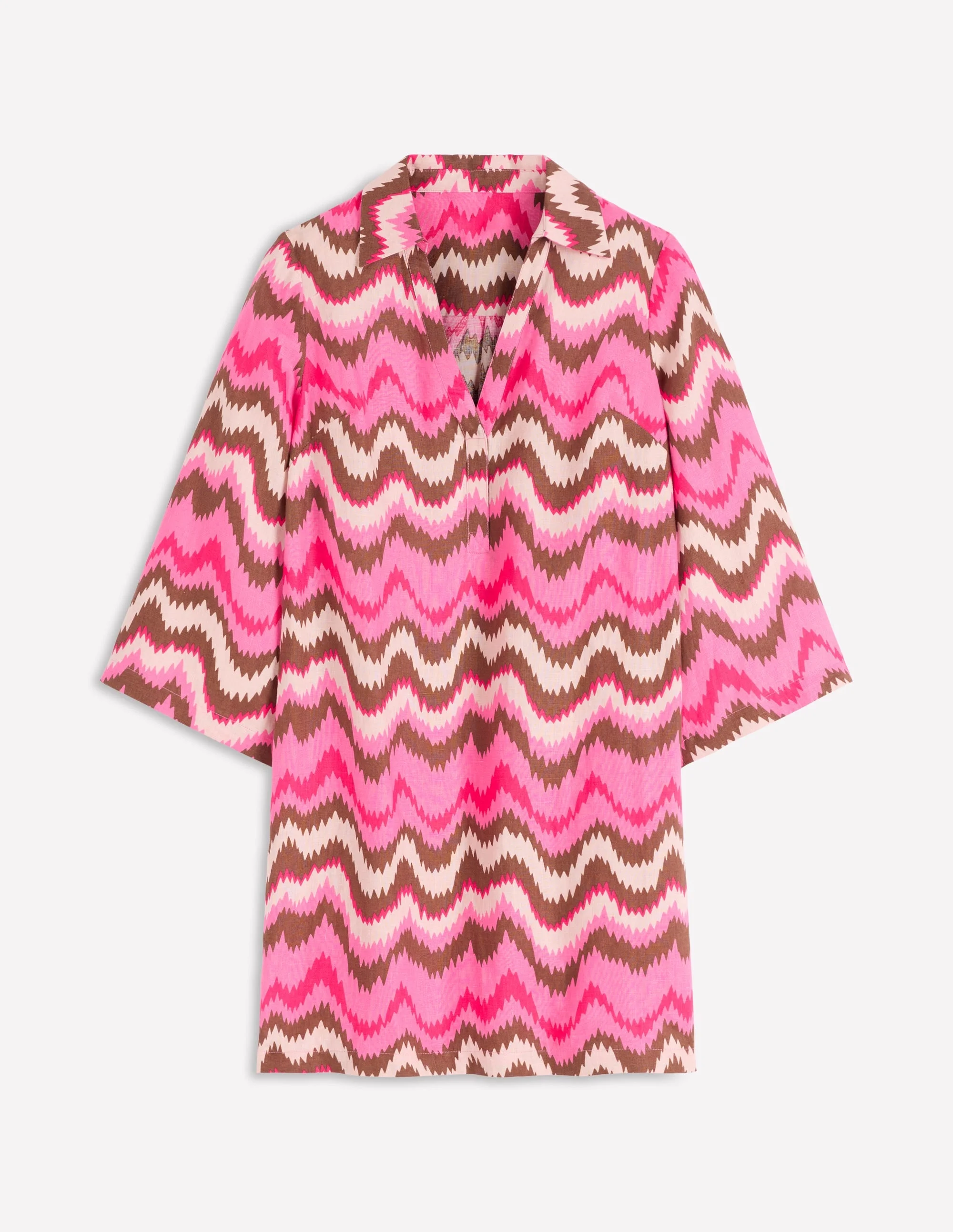 Carmen Linen Short Dress-Pink, Zig Zag Wave - 1