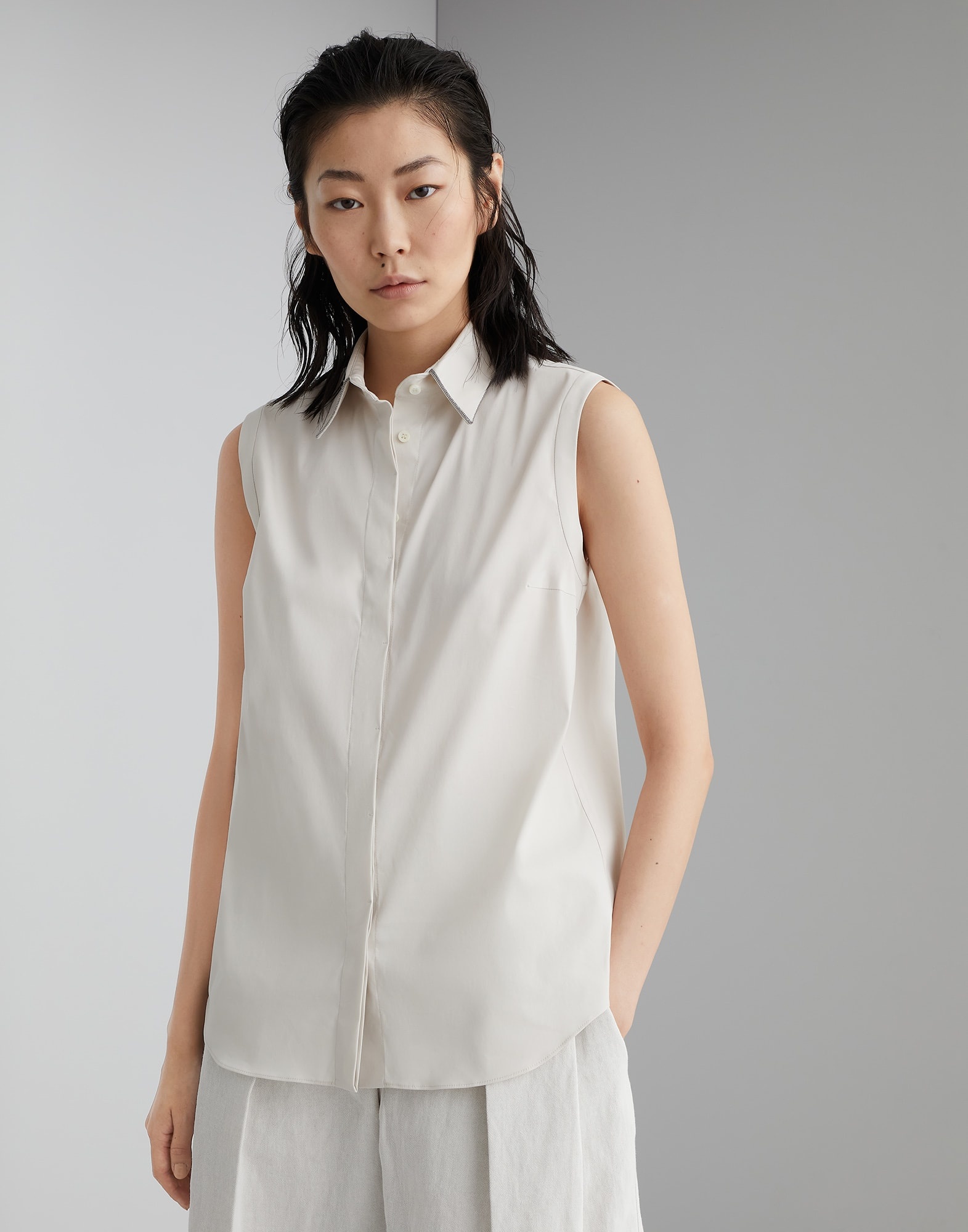 Stretch cotton poplin sleeveless shirt with shiny trim - 1