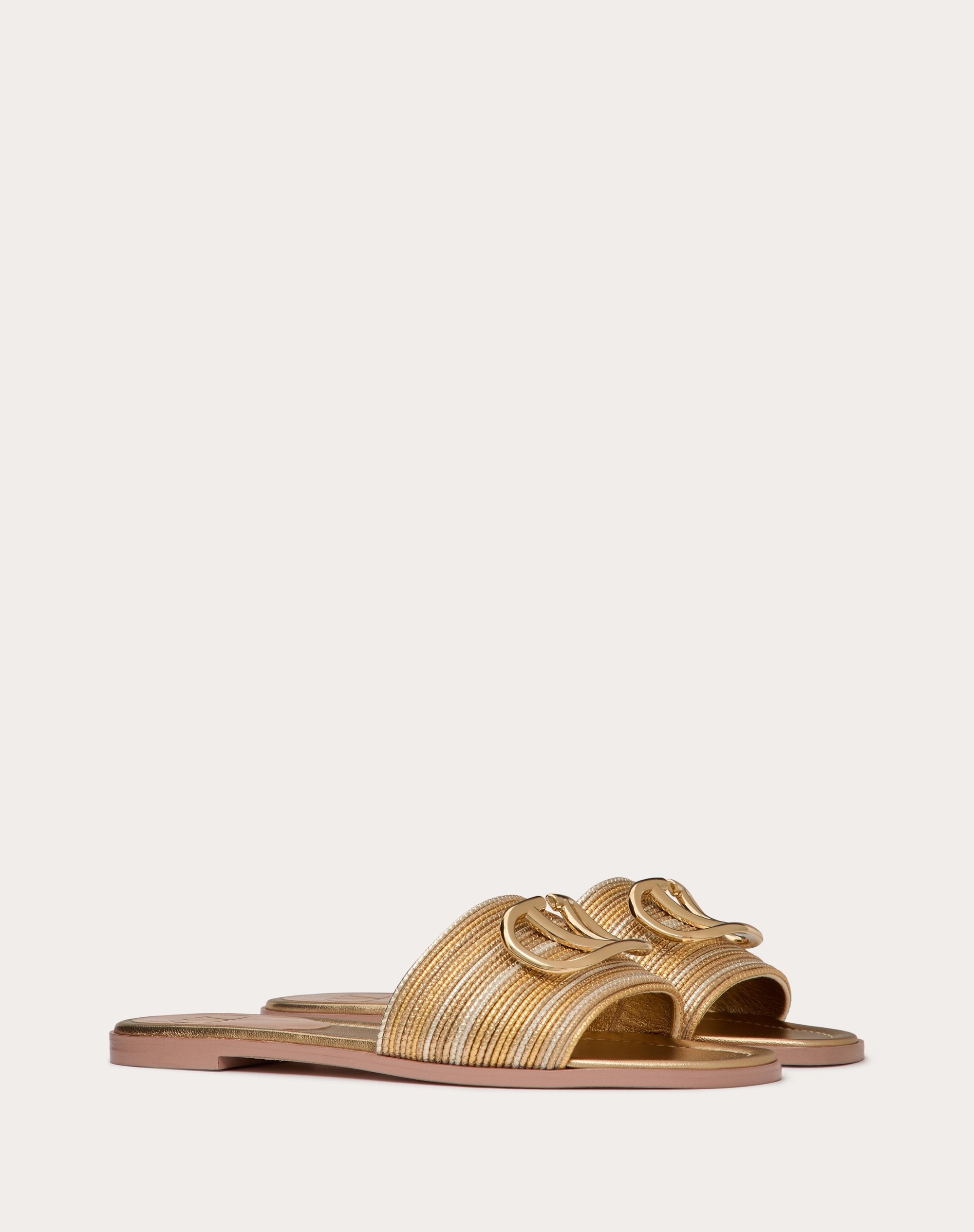VLOGO SIGNATURE METALLIC LEATHER SLIDE SANDAL WITH CORNELY EMBROIDERY - 2