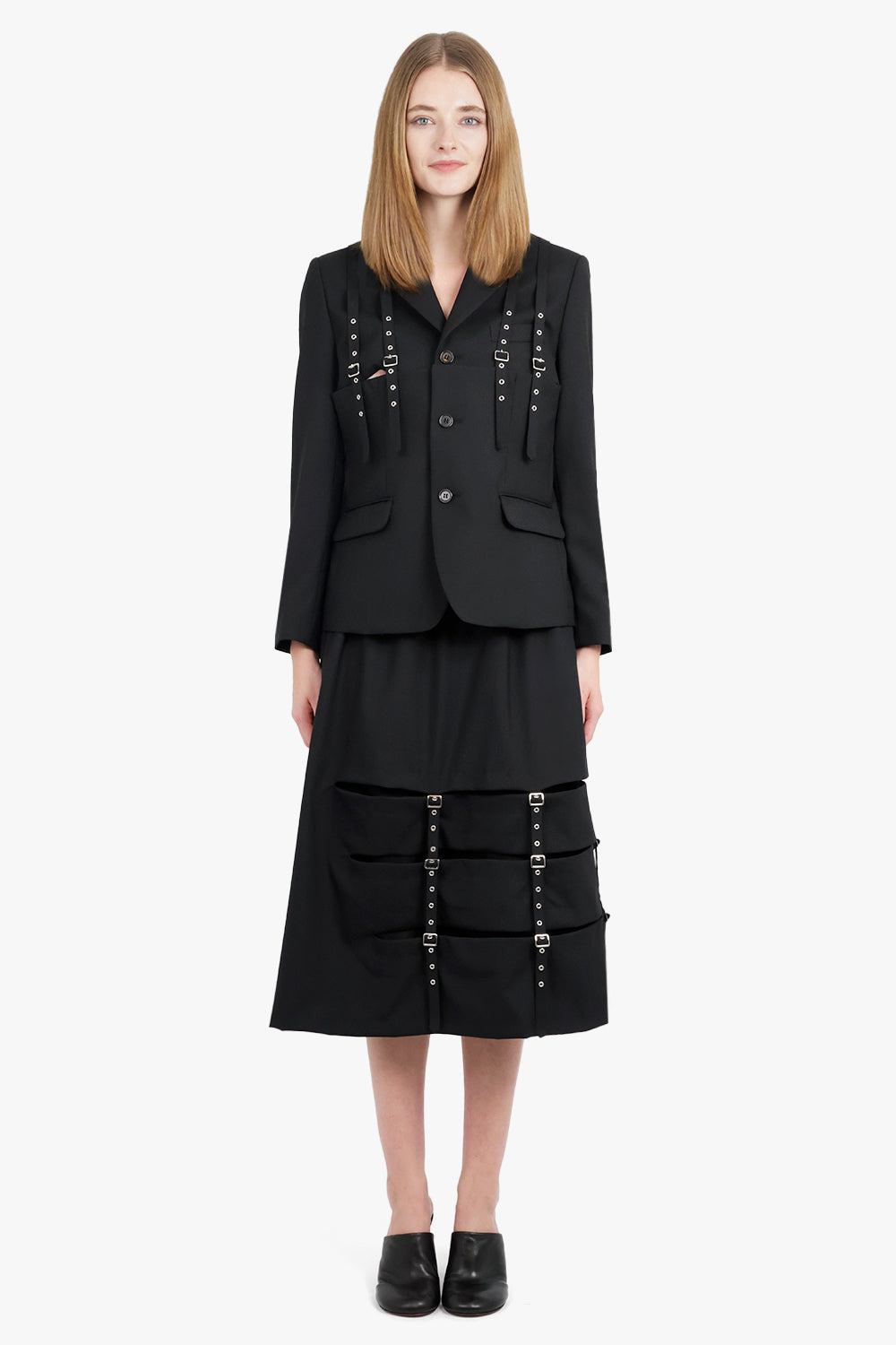 MIDI SKIRT WITH SPLIT SIDE SUSPENDER DETAIL | BLACK - 4