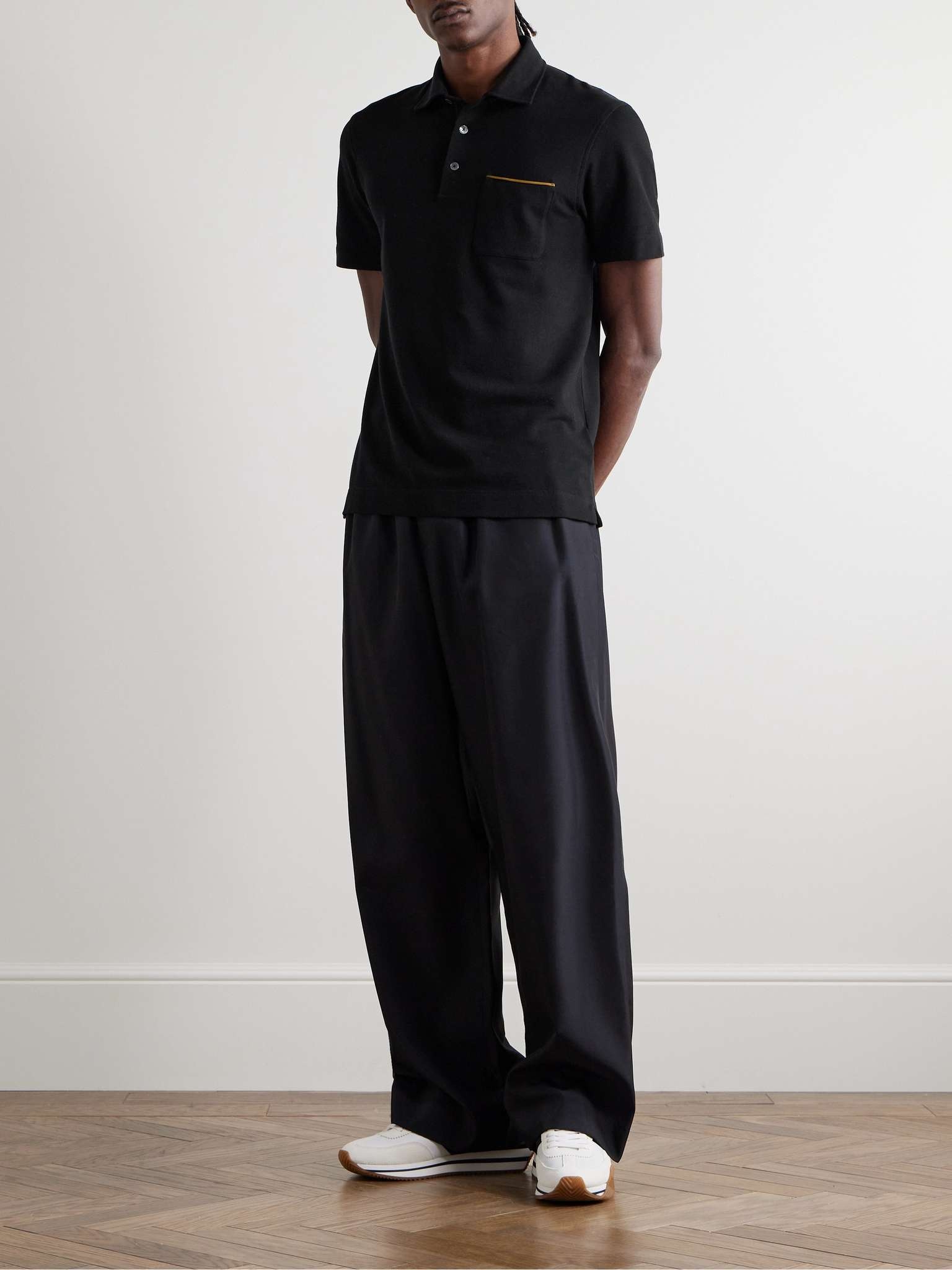 Tシャツ・カットソー ZEGNA FW25 Pique polo shirt (UG392A2G752B09 001) ZEGNA Leather-Trimmed Cotton-Piqué Polo Shirt | REVERSIBLE