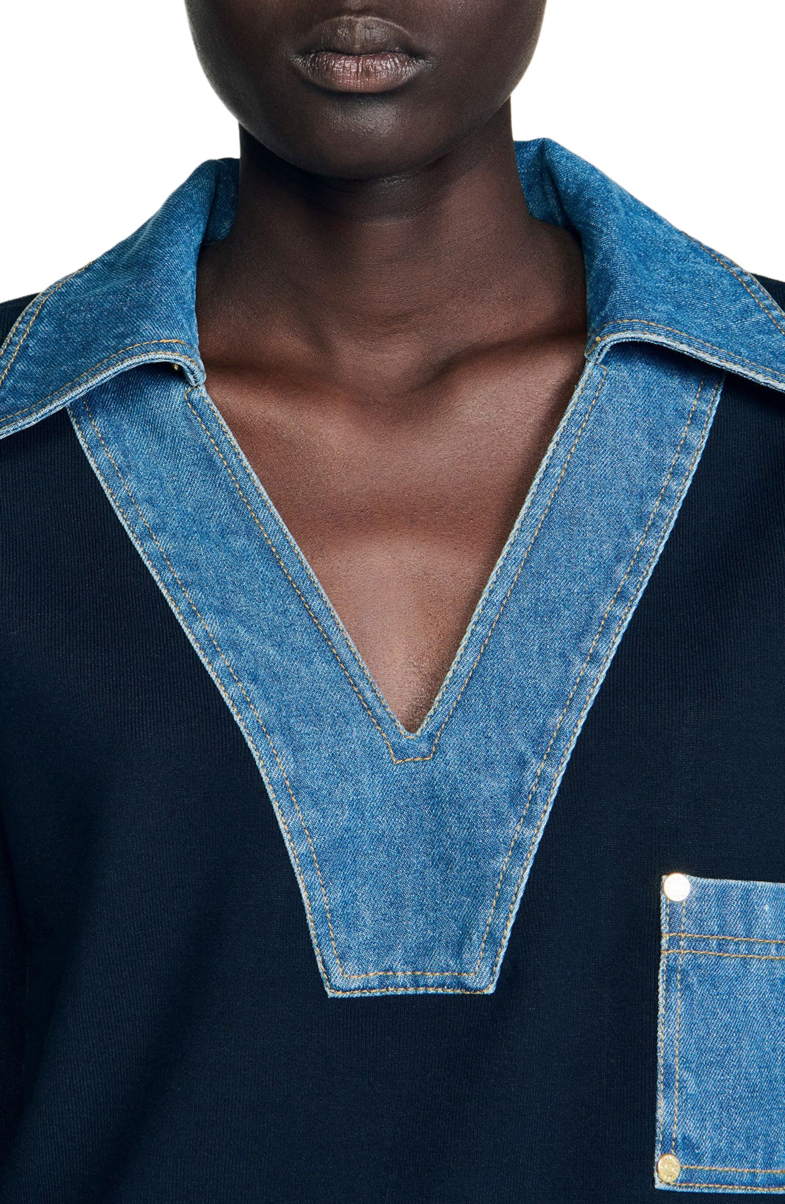 SANDRO Sweater with denim details in Navy Blue at Nordstrom - 4