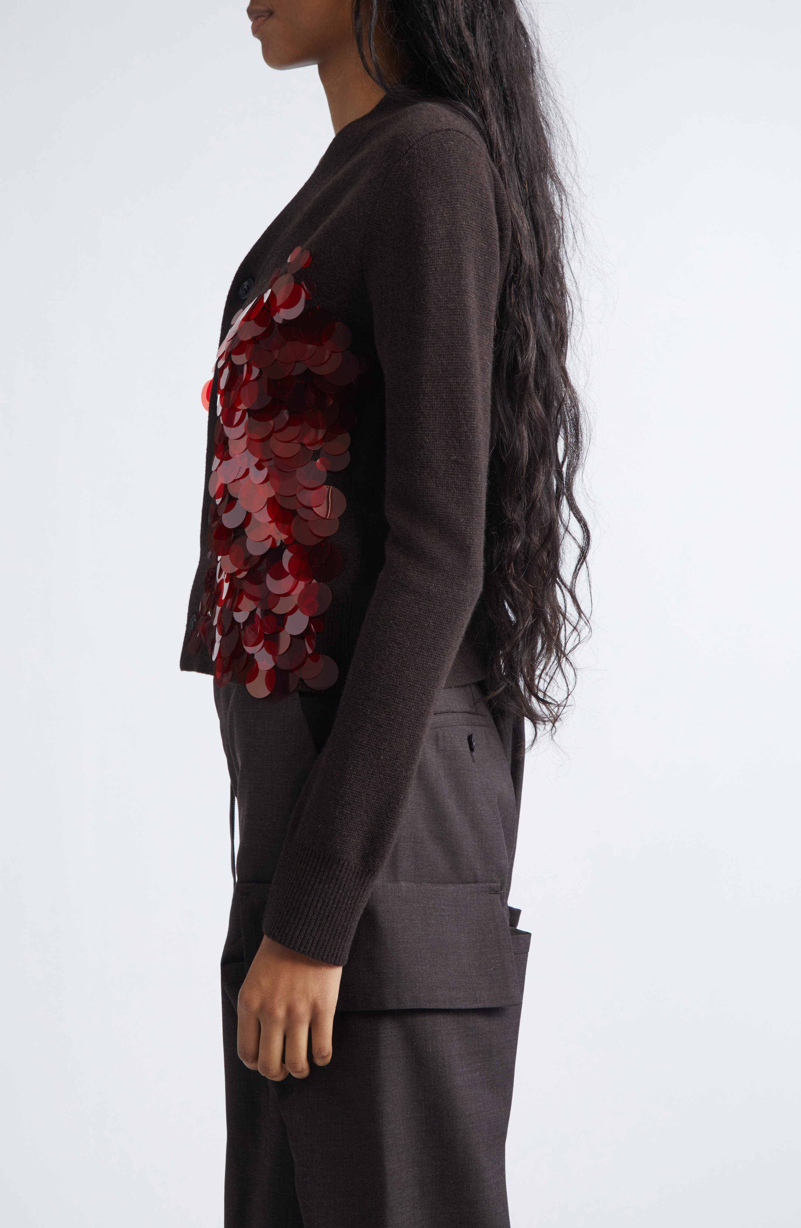Sacai Sequin Embroidered Wool Cardigan in Brown/Red at Nordstrom - 4