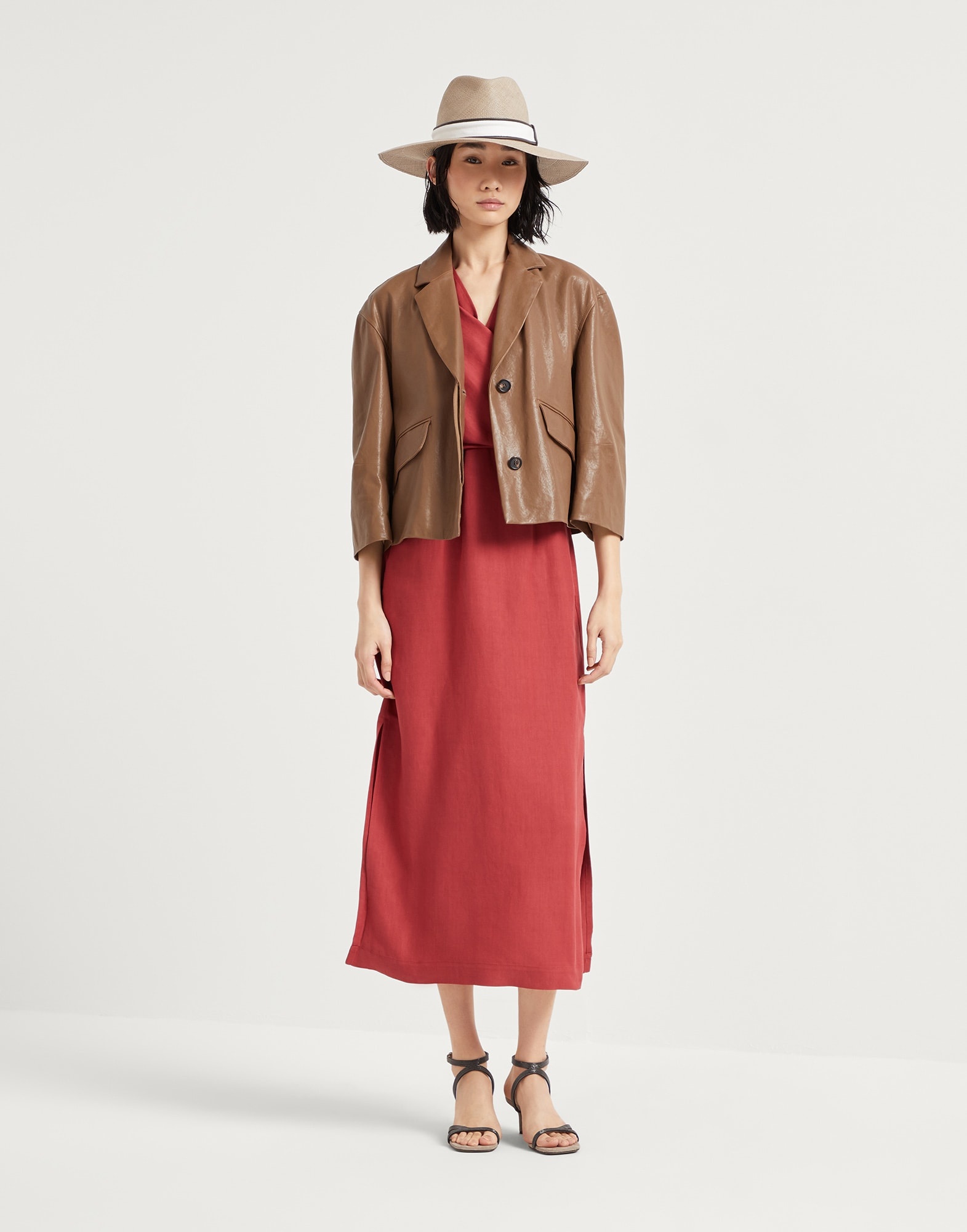 Viscose and linen fluid twill wrap-effect dress with monili - 5