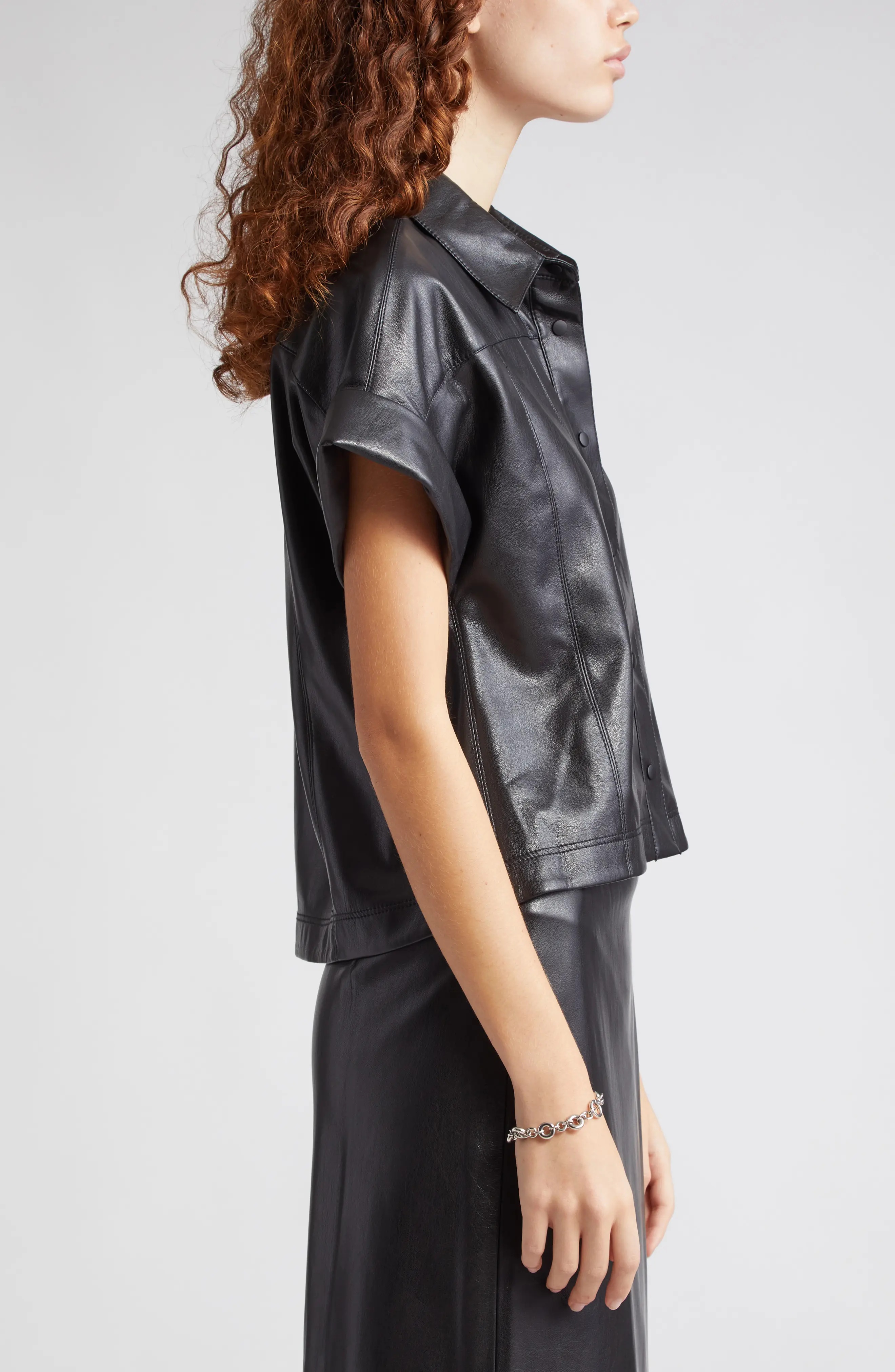 Edyth Faux Leather Snap-Up Shirt - 10