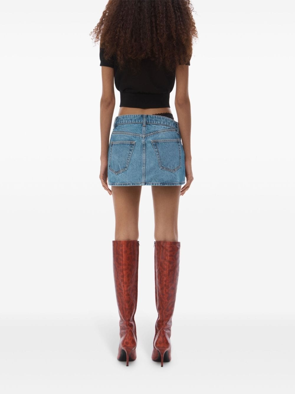 asymmetric lace-detail denim skirt - 4