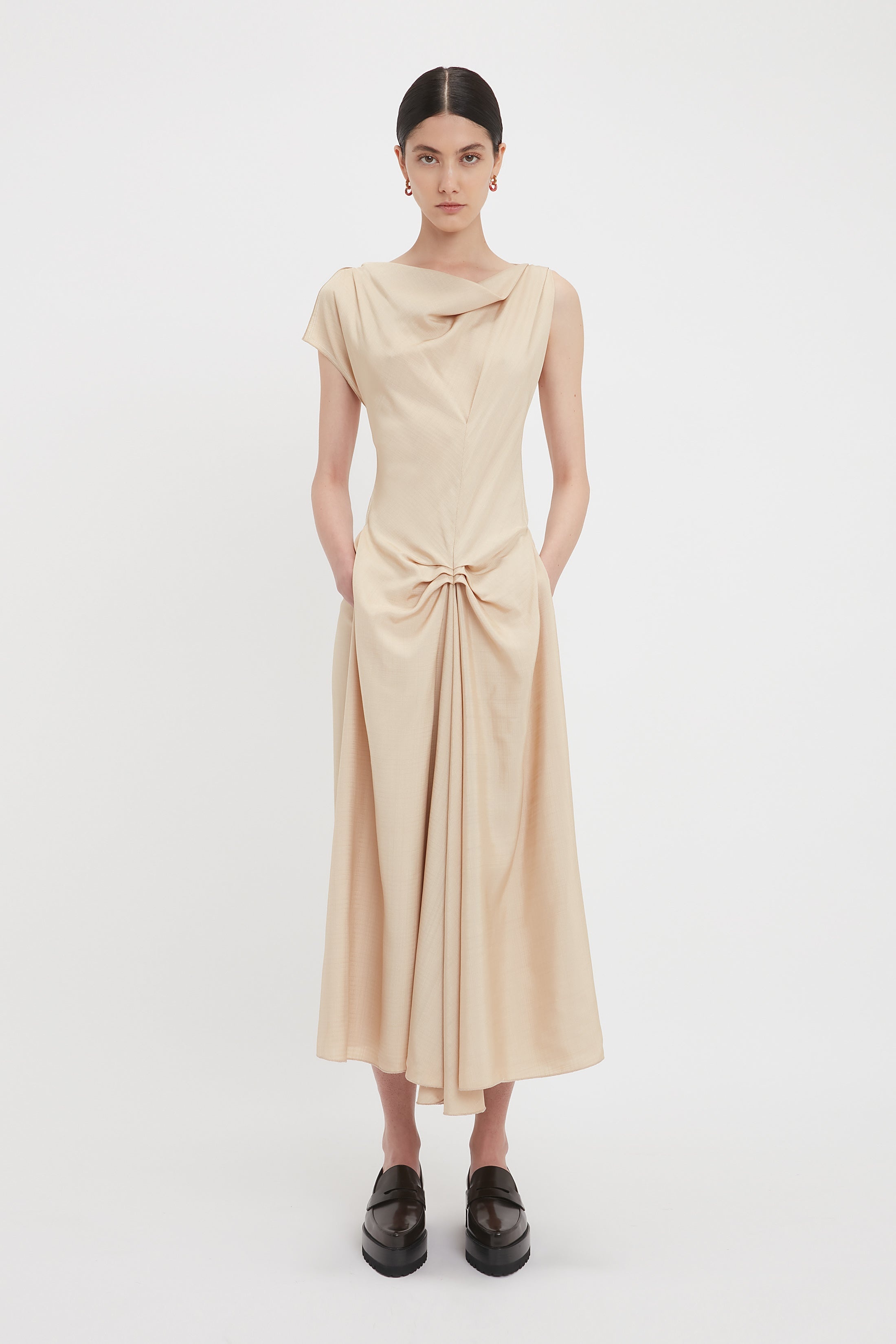 Deconstructed Gathered Waist Midi Dress In Pink Mist - 2