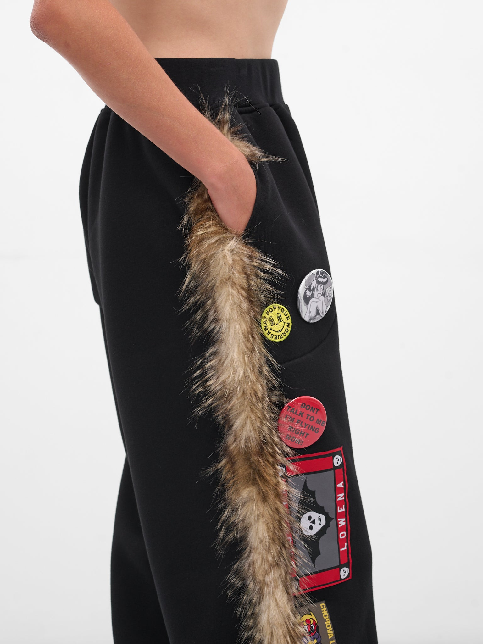 Black Fur Trim Patch Sweatpants - 5