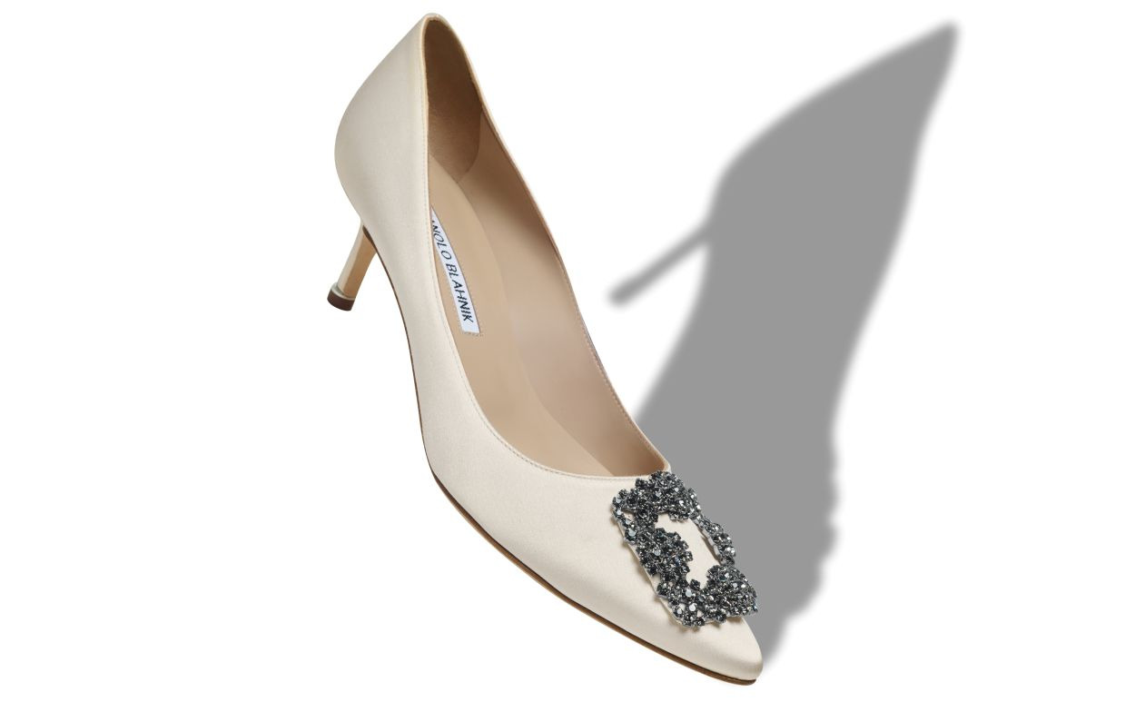 White Satin Jewel Buckle Pumps - 2