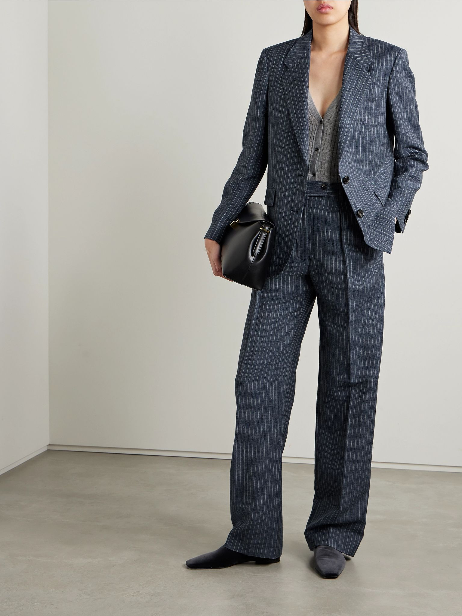Pinstriped linen, wool and silk-blend blazer Navy - 2