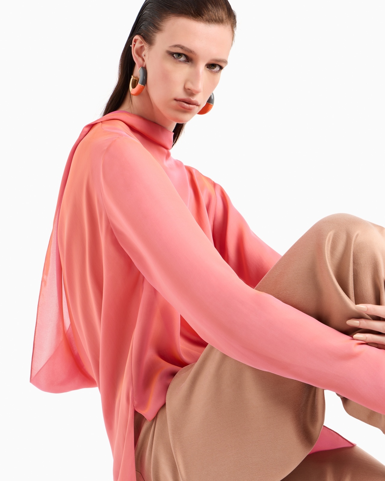TWO-TONE SILK CHIFFON LONG SHIRT - 6