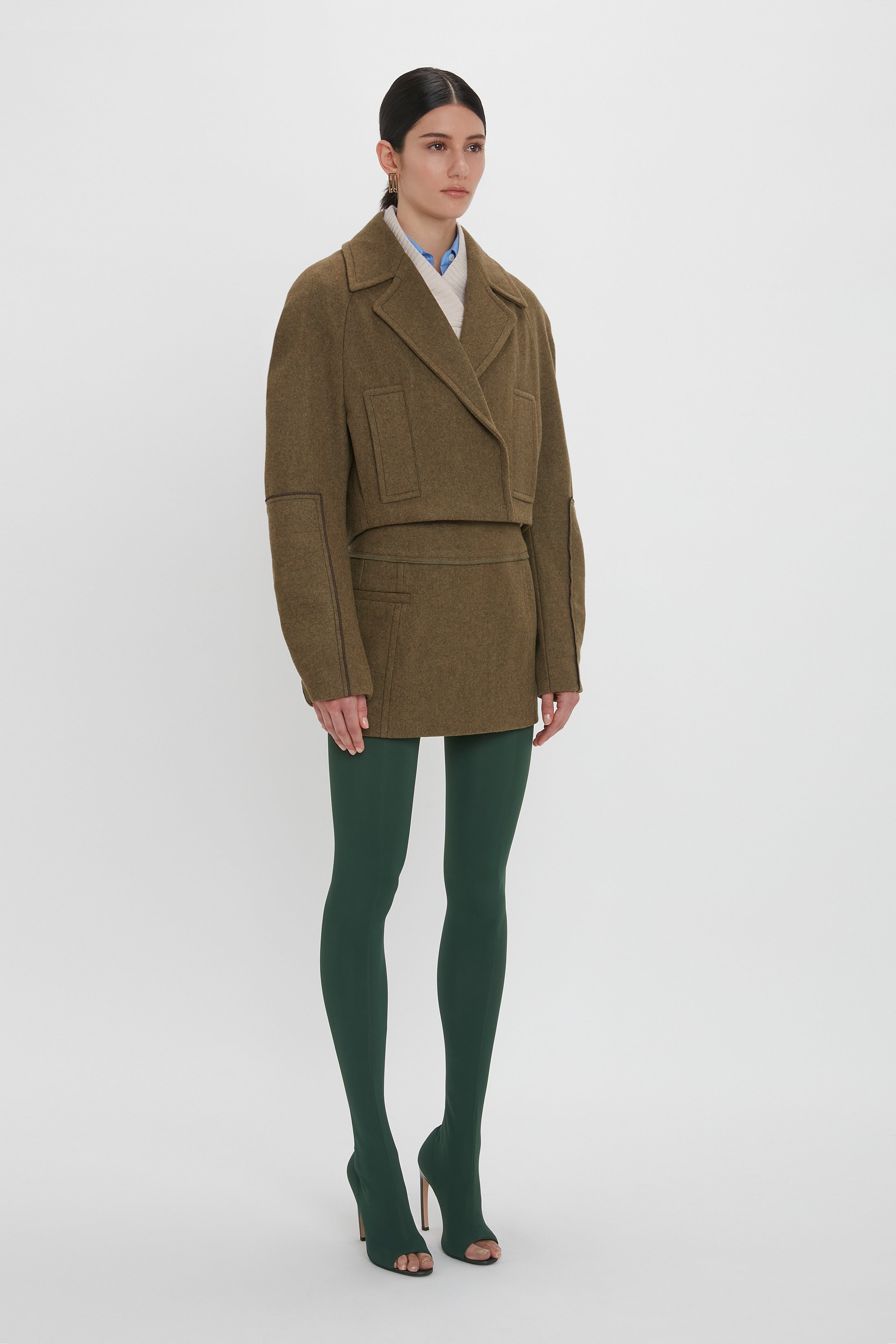 Cropped Pea Coat In Khaki - 3