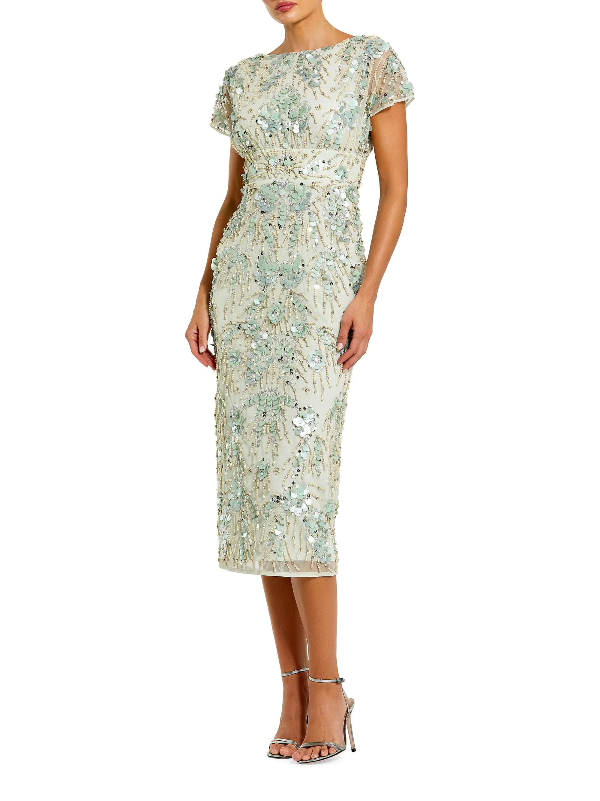 Women's Cocktail Embellished Mesh Cap-Sleeve Midi-Dress - Sage - 1
