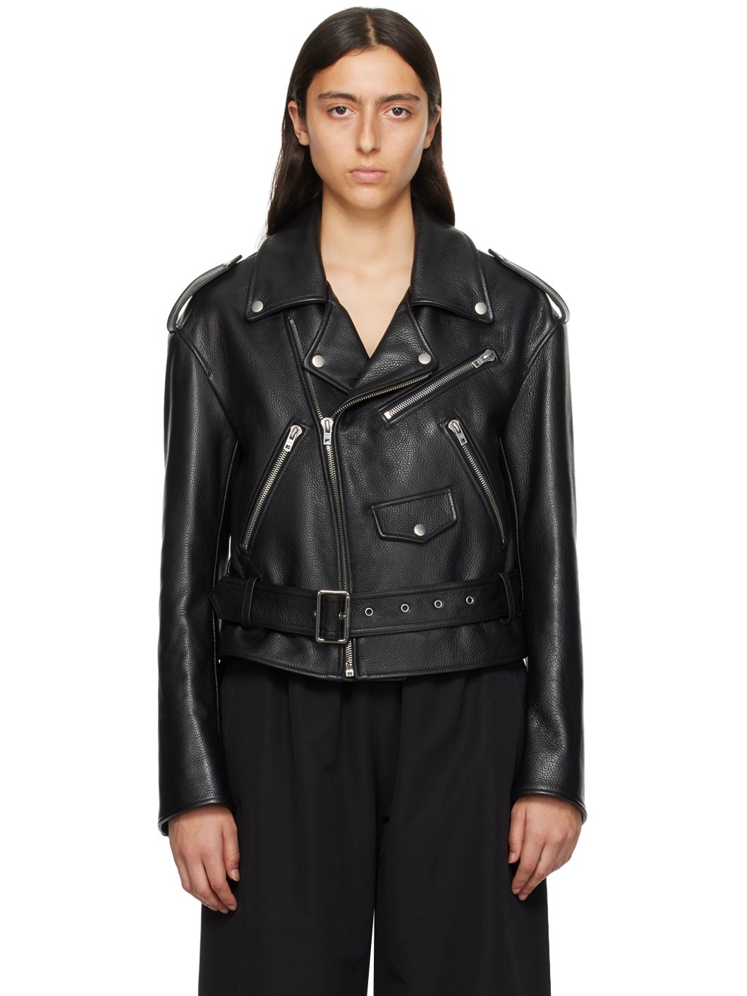 Black Printed Leather Jacket - 1