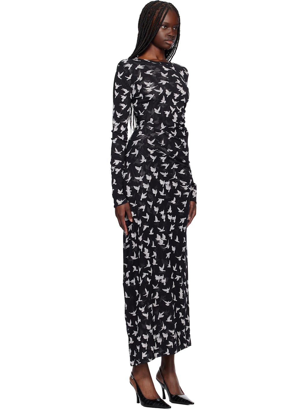 Black Dove Print Mesh Long Sleeve Maxi Dress - 2