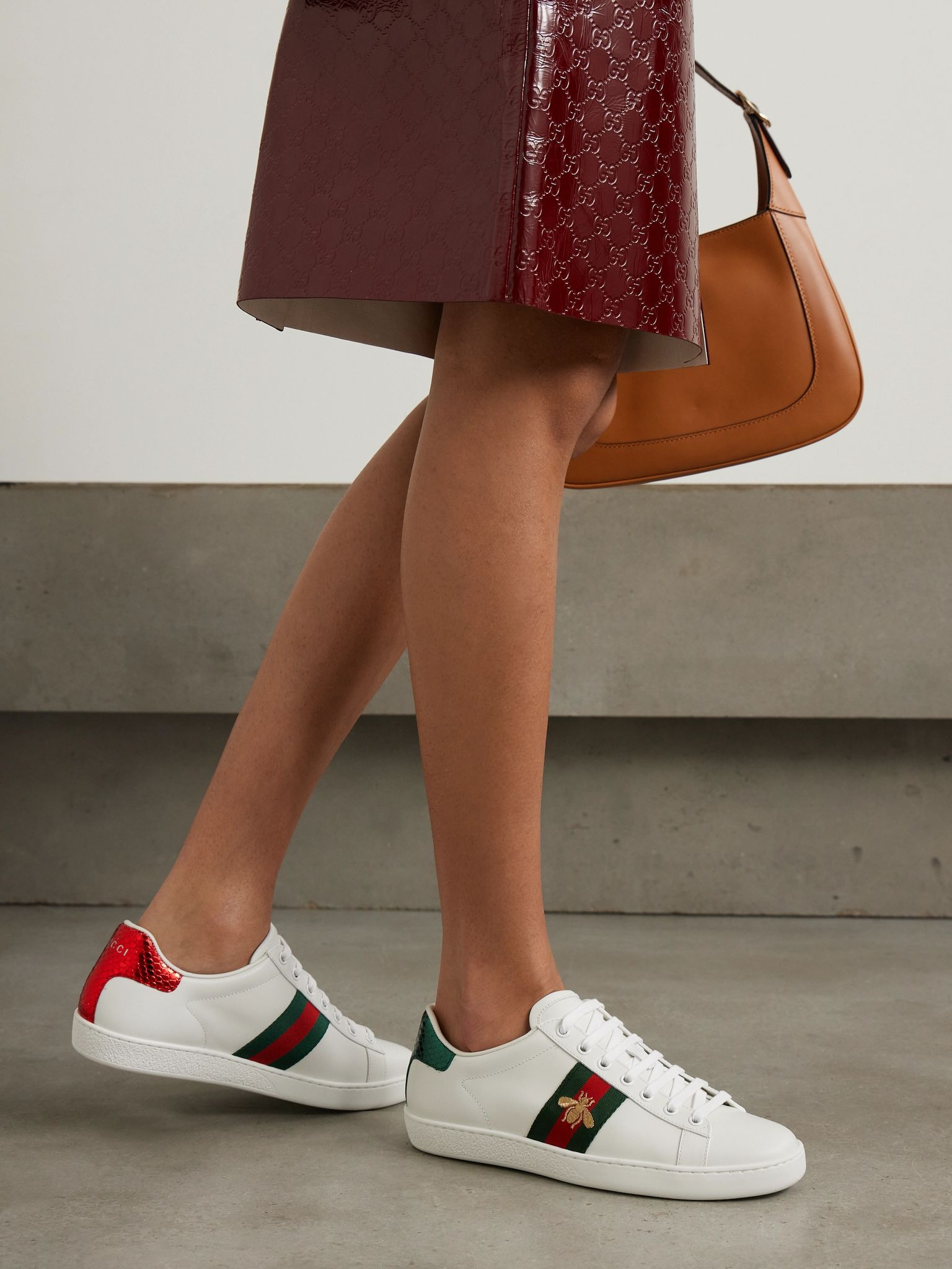 Ace watersnake-trimmed embroidered leather sneakers White - 2