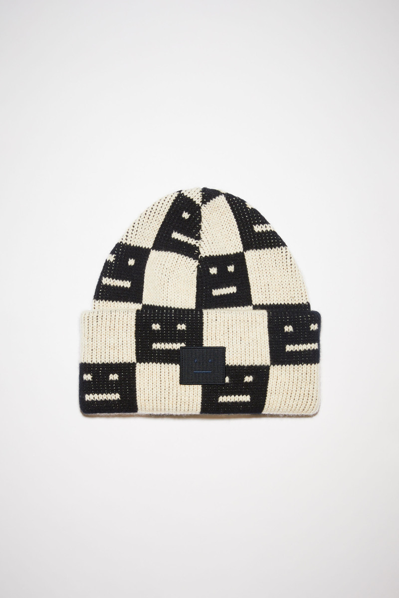 Jacquard knit beanie hat - Black/oatmeal melange 1