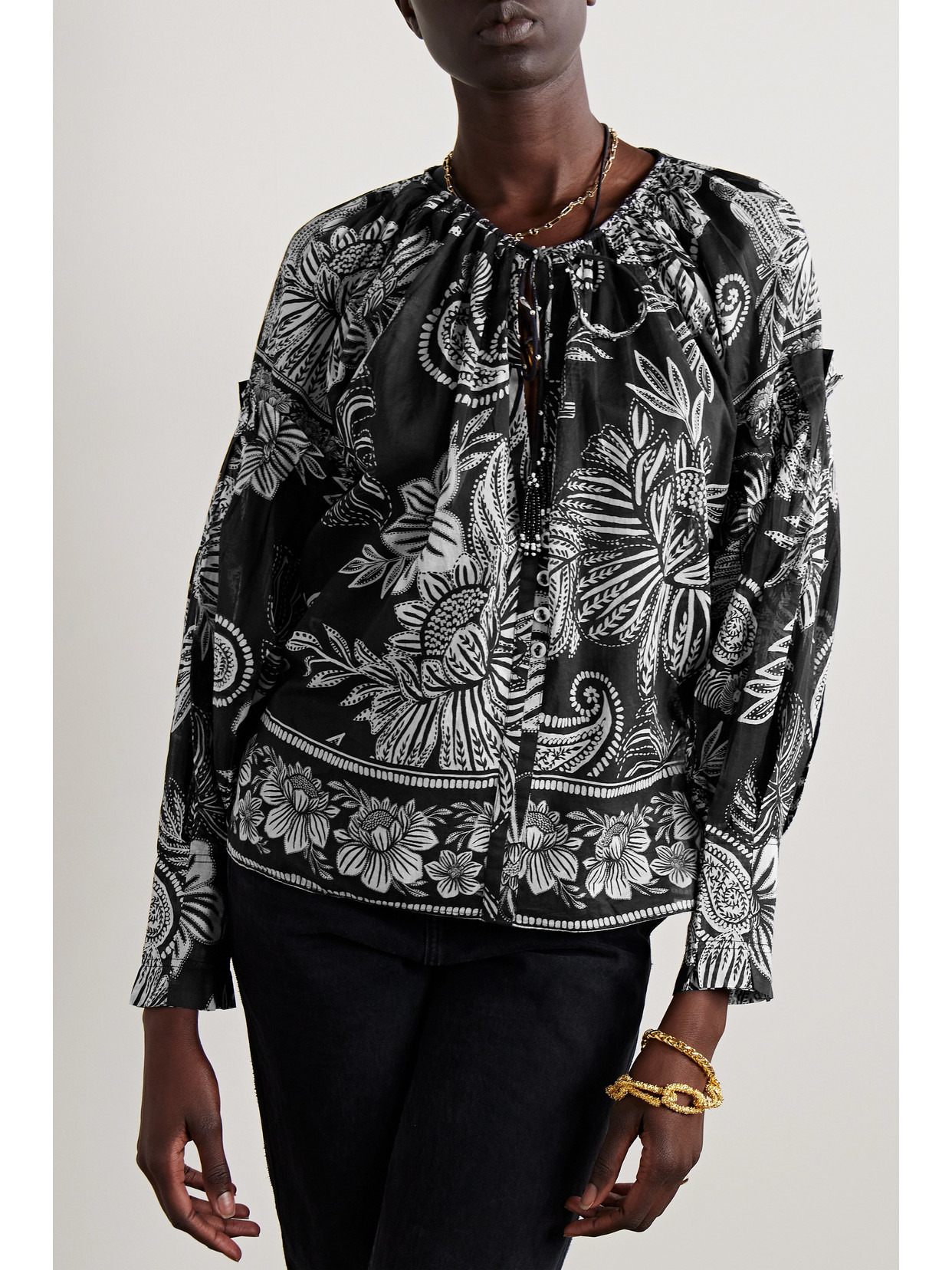 Tie-detailed Bead-embellished Printed Cotton-voile Blouse - 4
