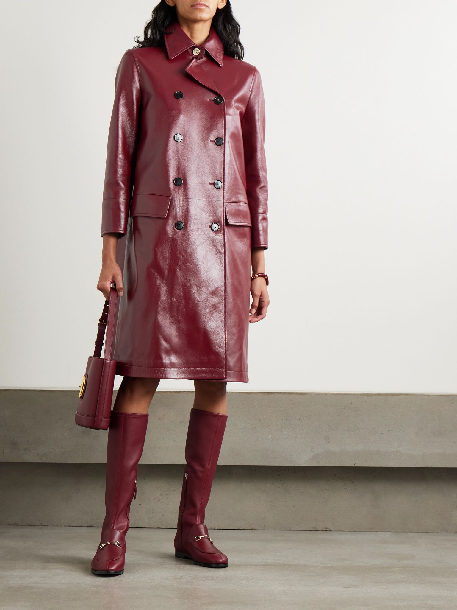 Double-breasted glossed-leather trench coat Burgundy - 2