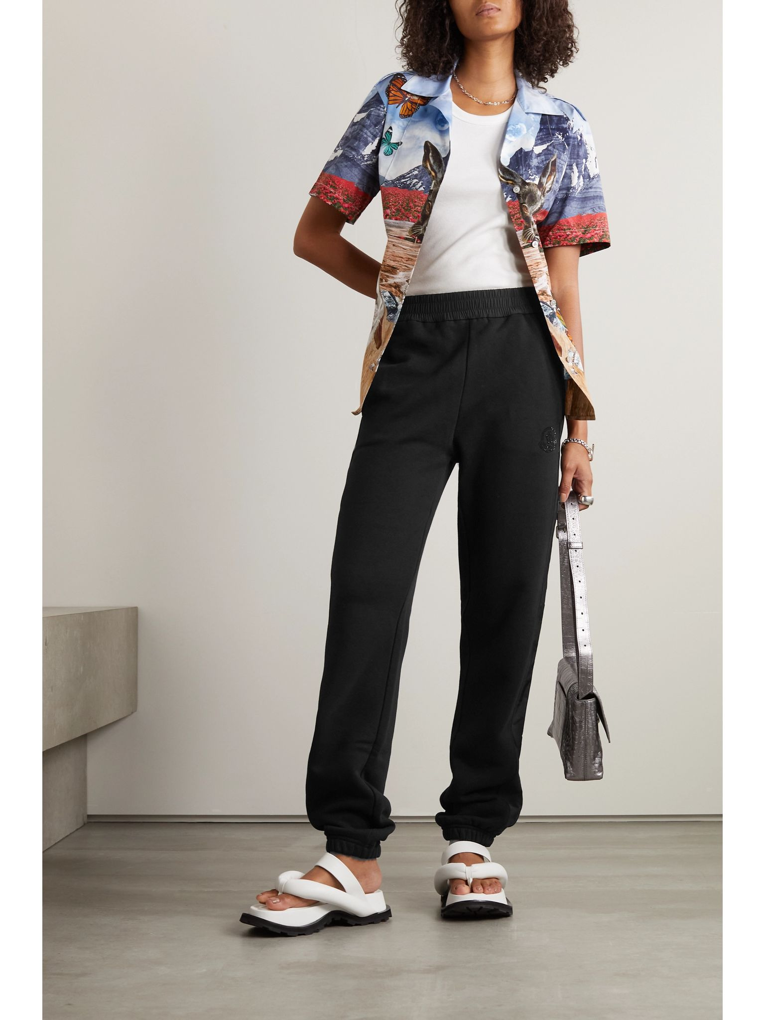 Embellished shell-trimmed cotton-jersey track pants Black - 2