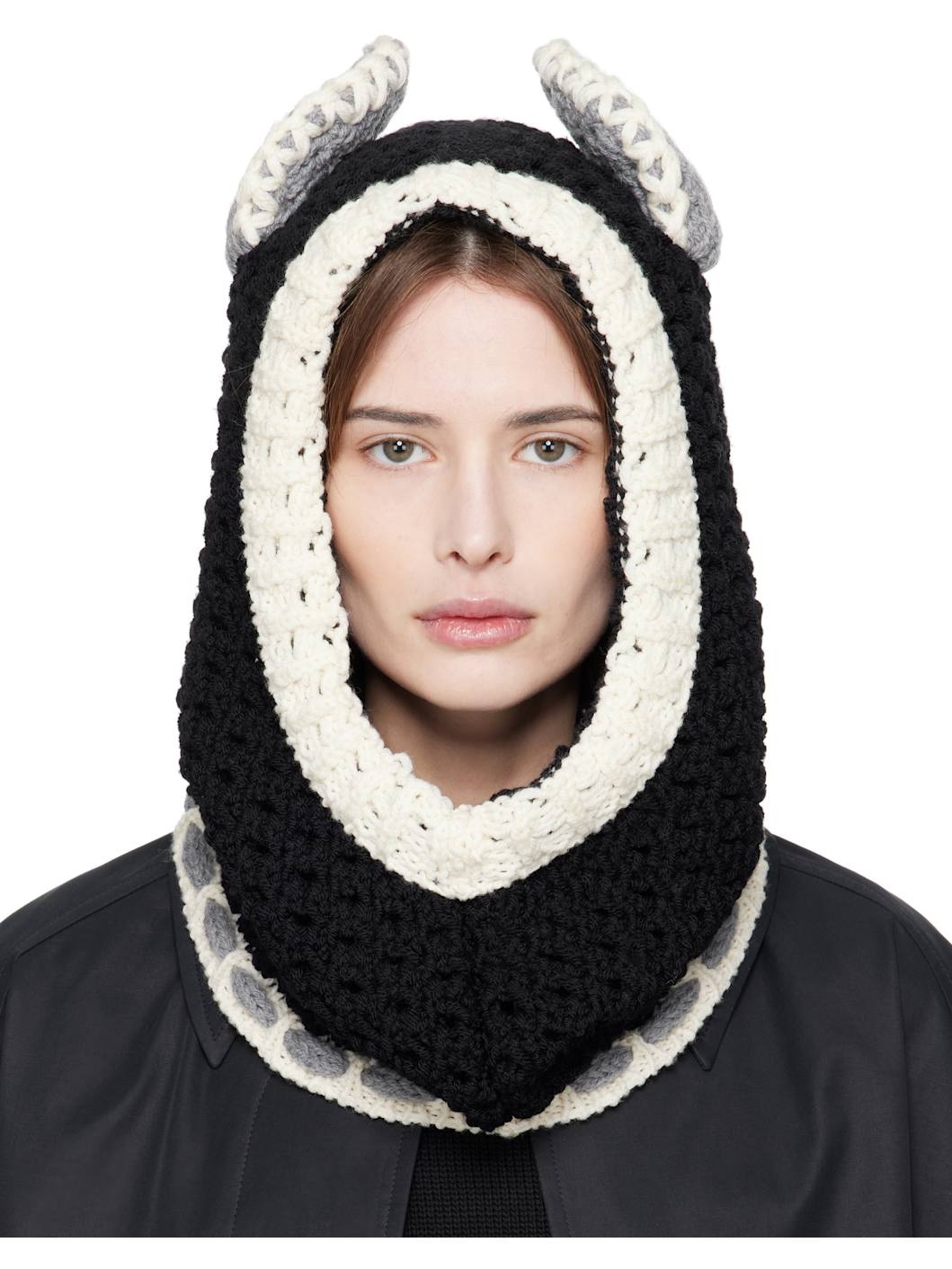 Black & Off-White Wool Ears Balaclava - 1