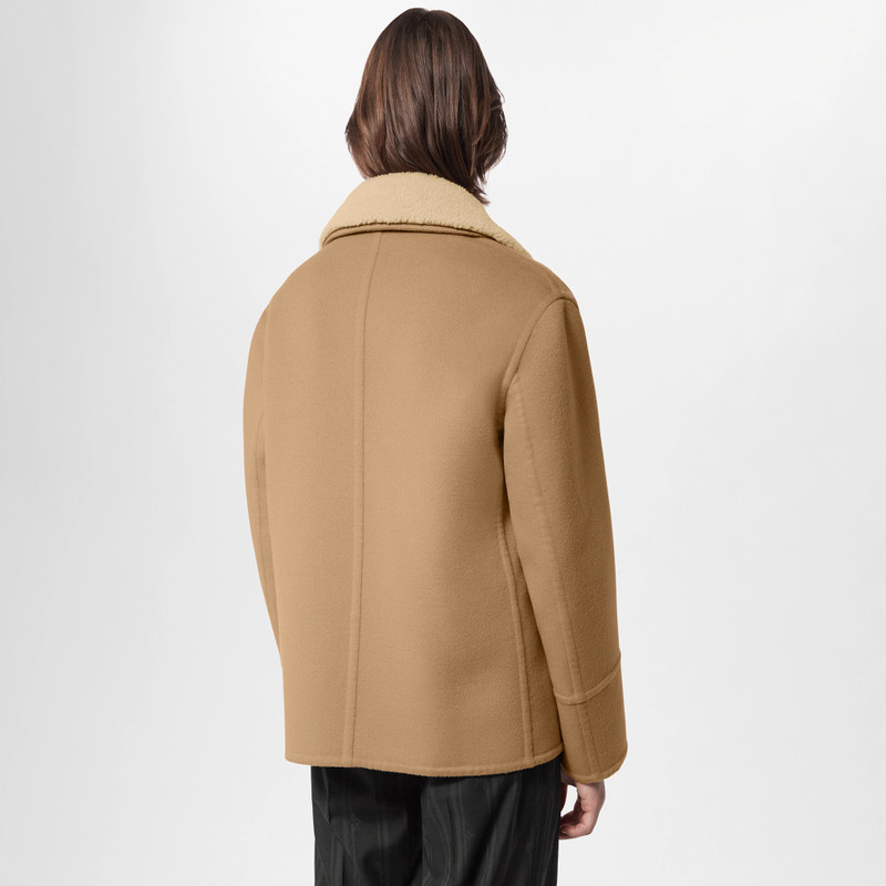 Double Face Wool-Silk Peacoat With Shearling Collar 7