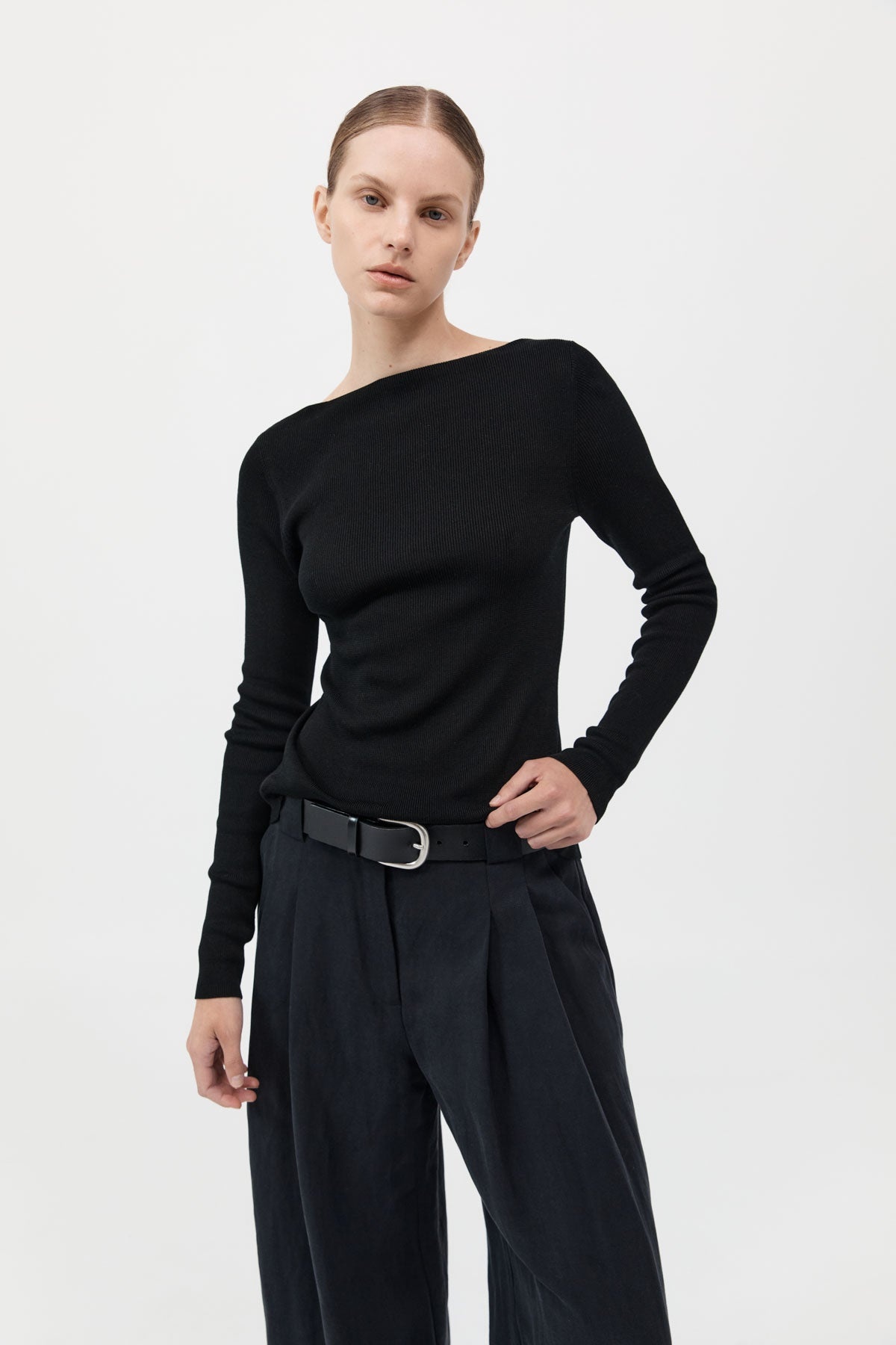 Wide Leg Pleat Pants - Black - 4