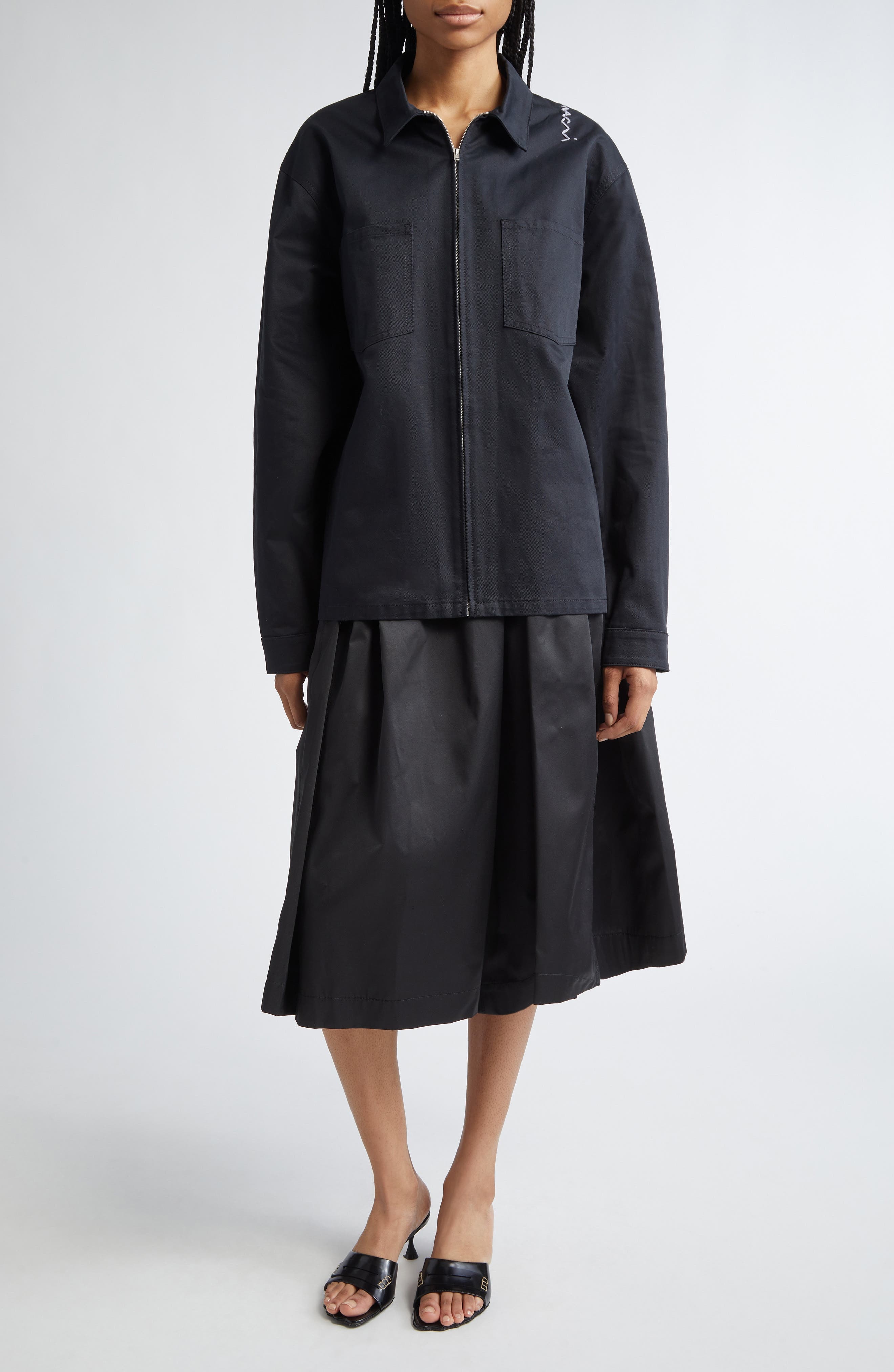 Marni Logo Embroidered Cotton Gabardine Shirt Jacket in Black at Nordstrom - 2