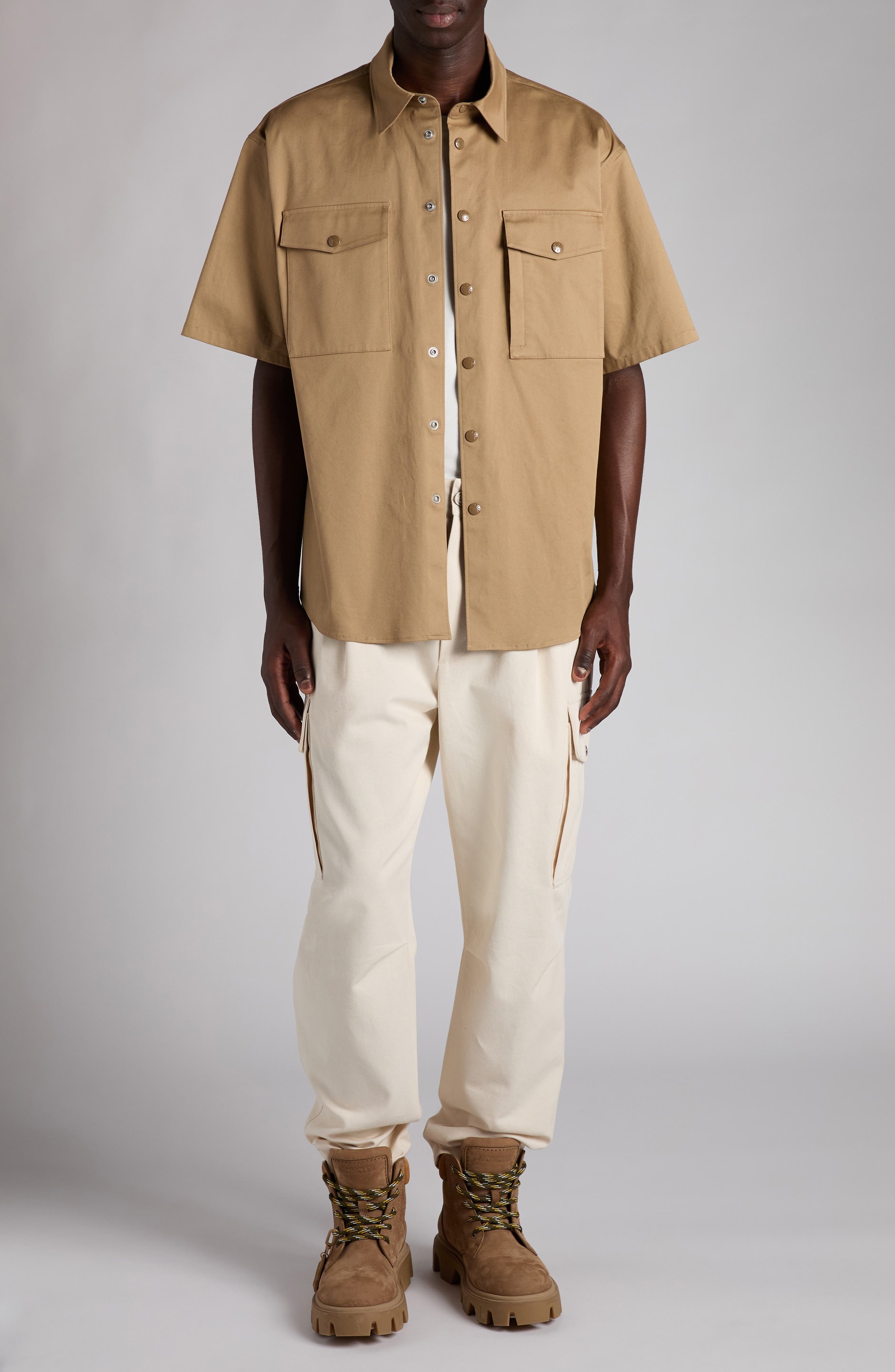 Moncler Short Sleeve Cotton Stretch Gabardine Utility Shirt in Caramel at Nordstrom - 2