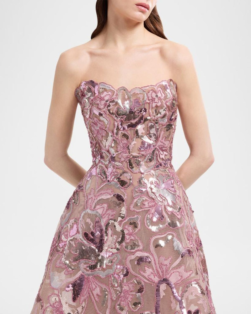 Strapless Floral Sequined Tea-Length Gown 4