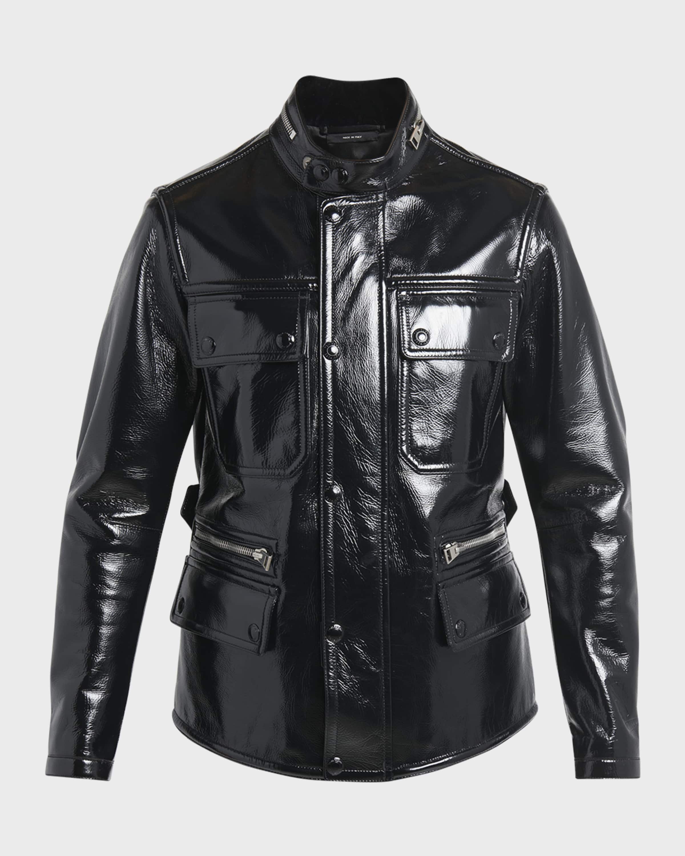 Men's Shiny Crackled Leather Motorcycle Jacket - 1