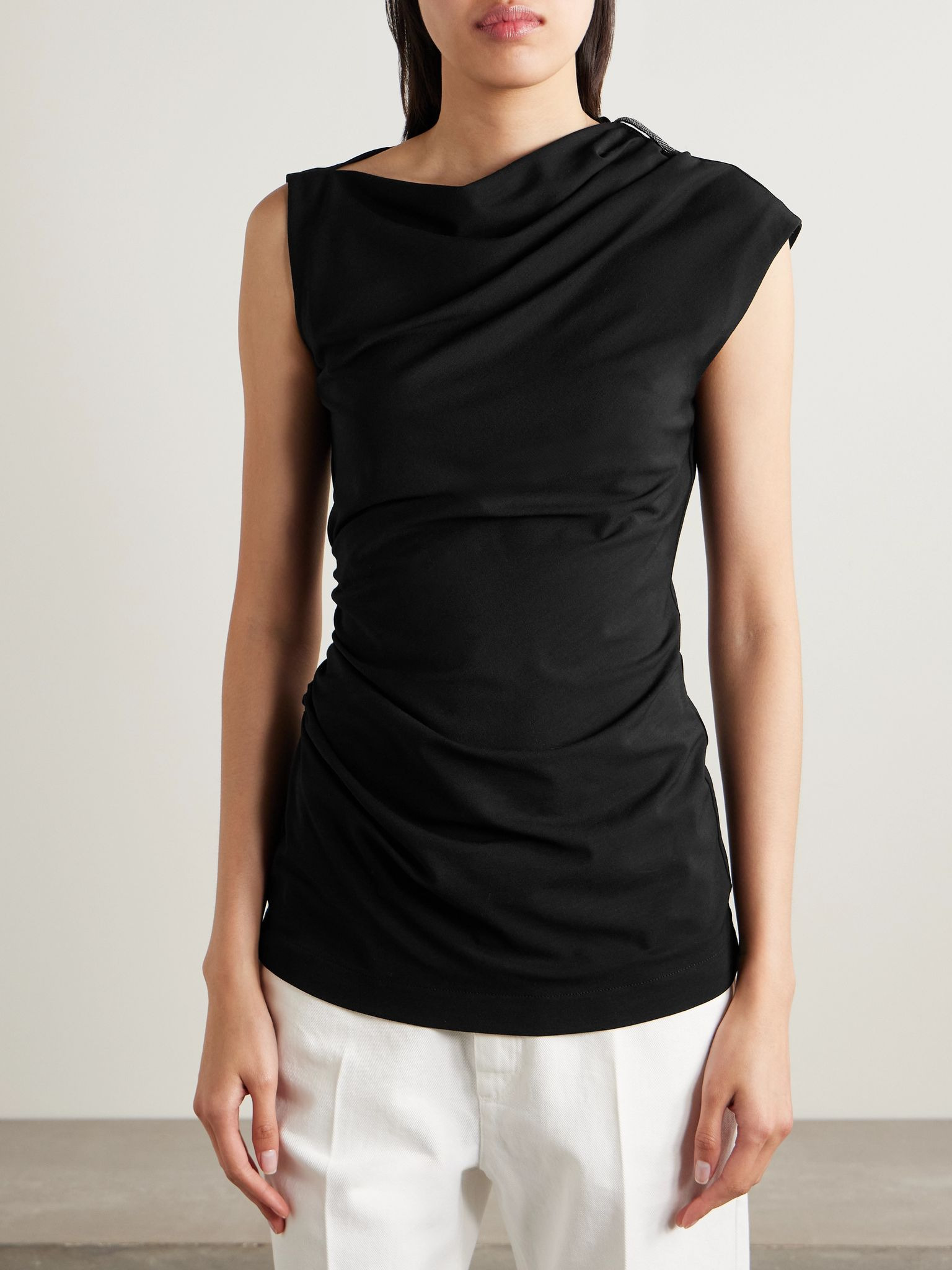 Bead-embellished ruched stretch-jersey top Black - 3