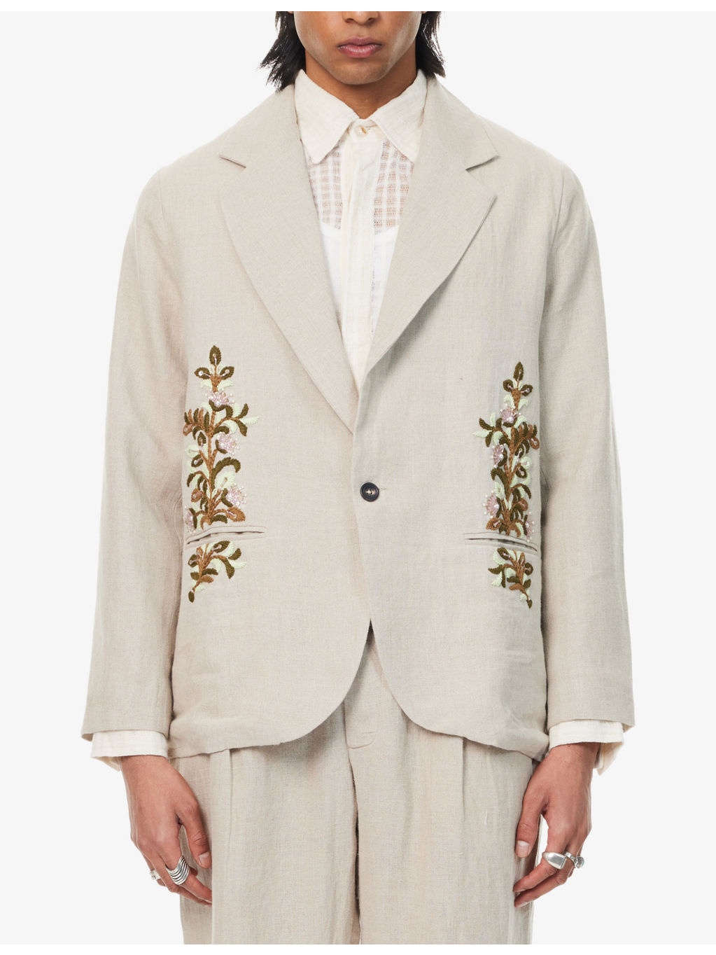 Notched-Lapel Embroidered Linen Blazer - 3