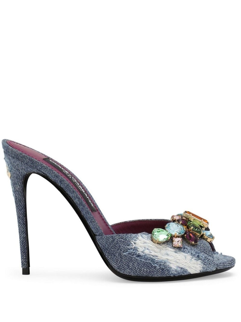 crystal-embellished distressed denim mules 1