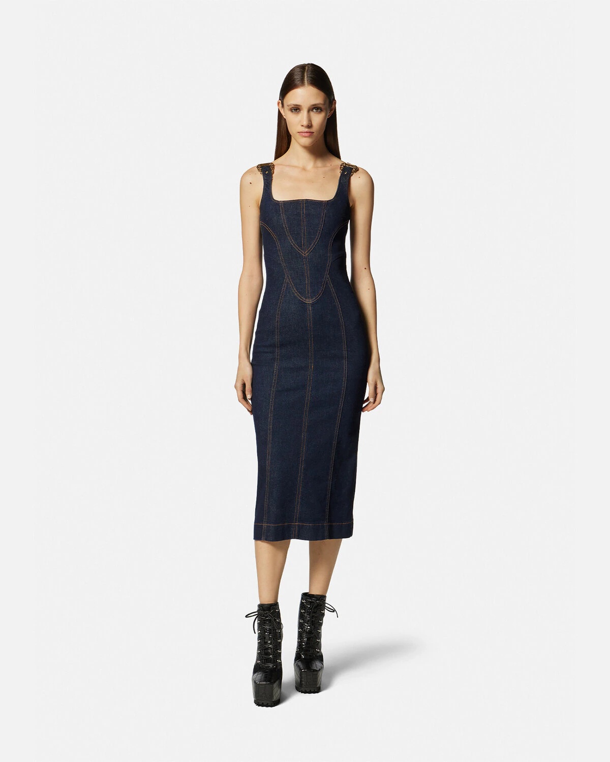 Baroque Buckle Denim Midi Dress - 2