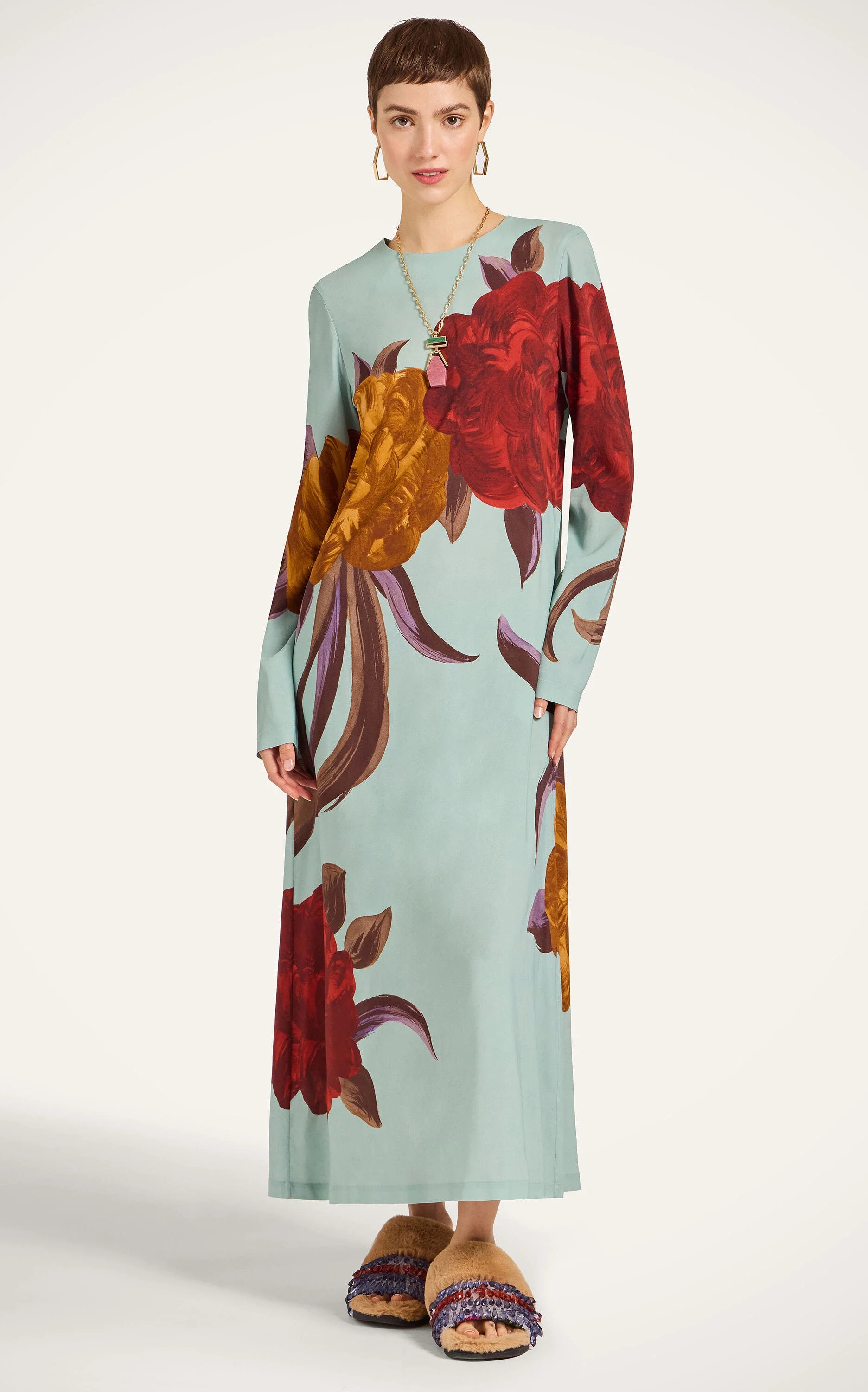 La DoubleJ Long Sleeve Swing Dress in Peony Placée Light Blue at Nordstrom - 1