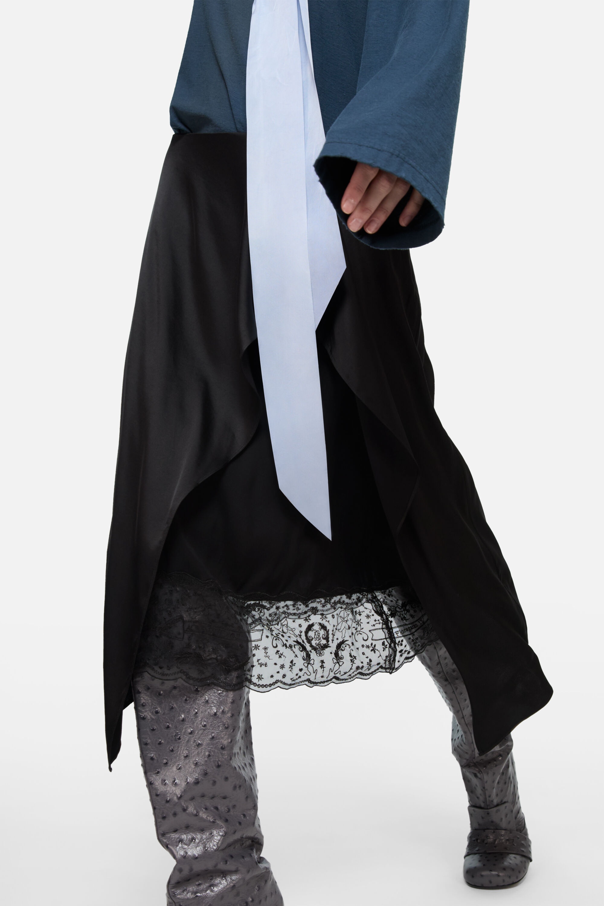 Layered Satin Skirt - Black - 4