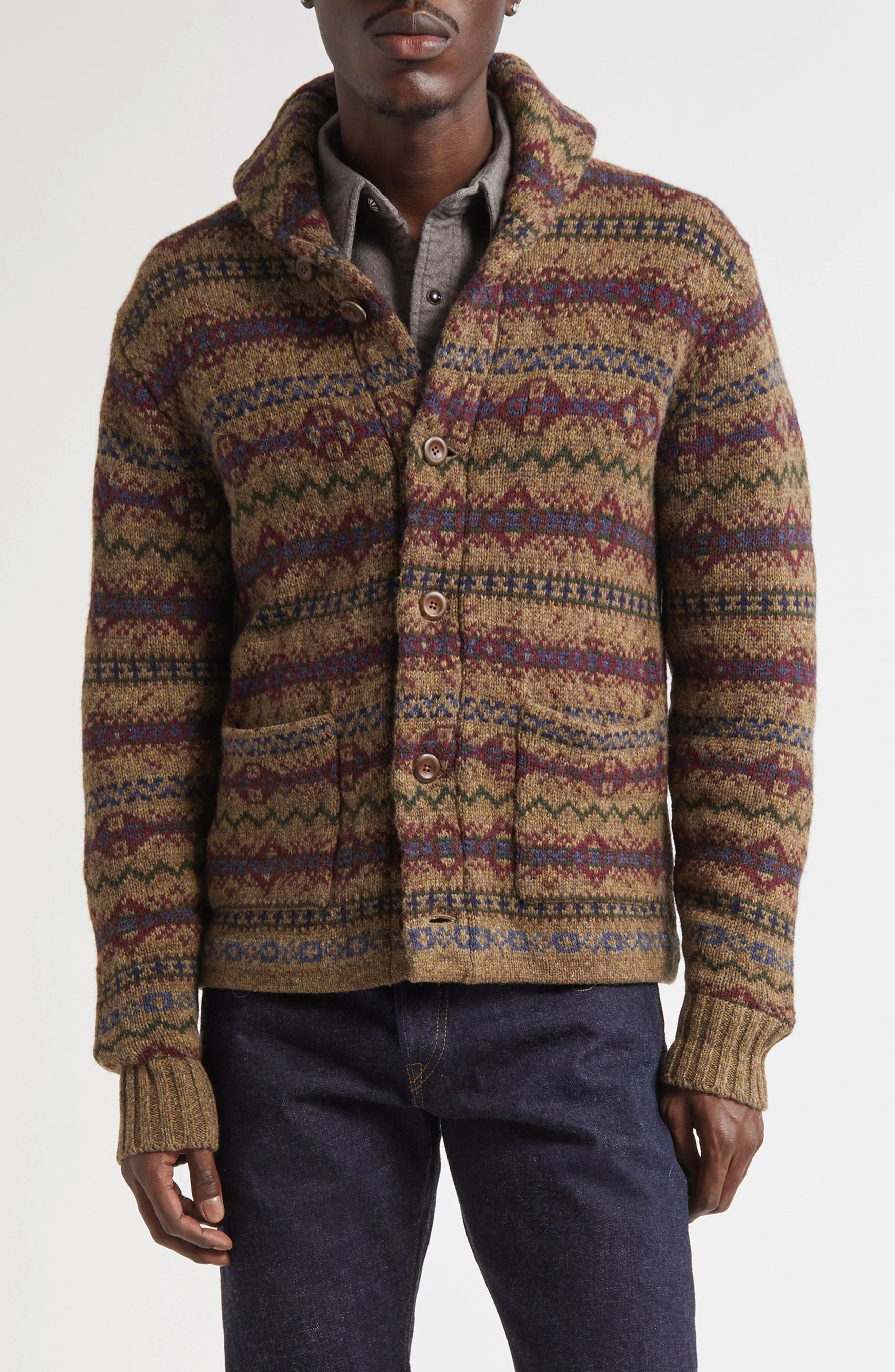 Double RL Fair Isle Wool Cardigan in Loden Heather Multi at Nordstrom - 1