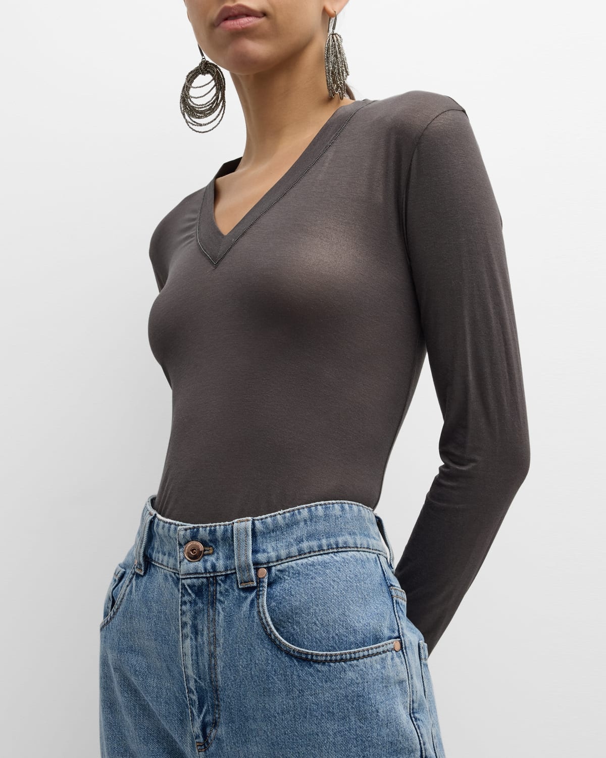 Monili V-Neck Long-Sleeve Lame Jersey Top - 7