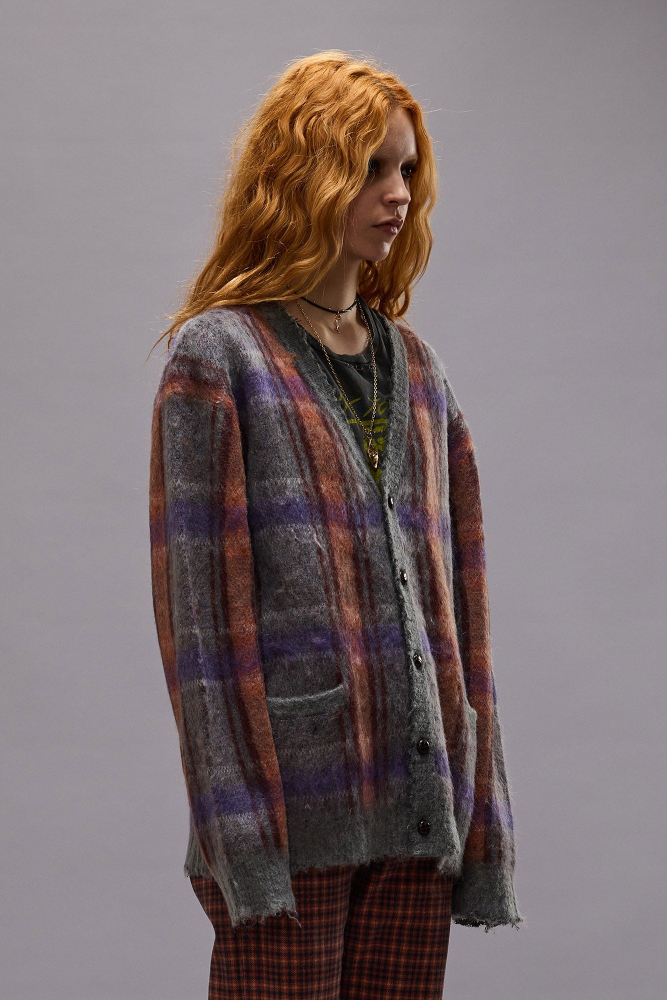 MOHAIR BOYFRIEND CARDIGAN - BROWN//ORANGE/PURPLE MOHAIR PLAID - R13 - 6