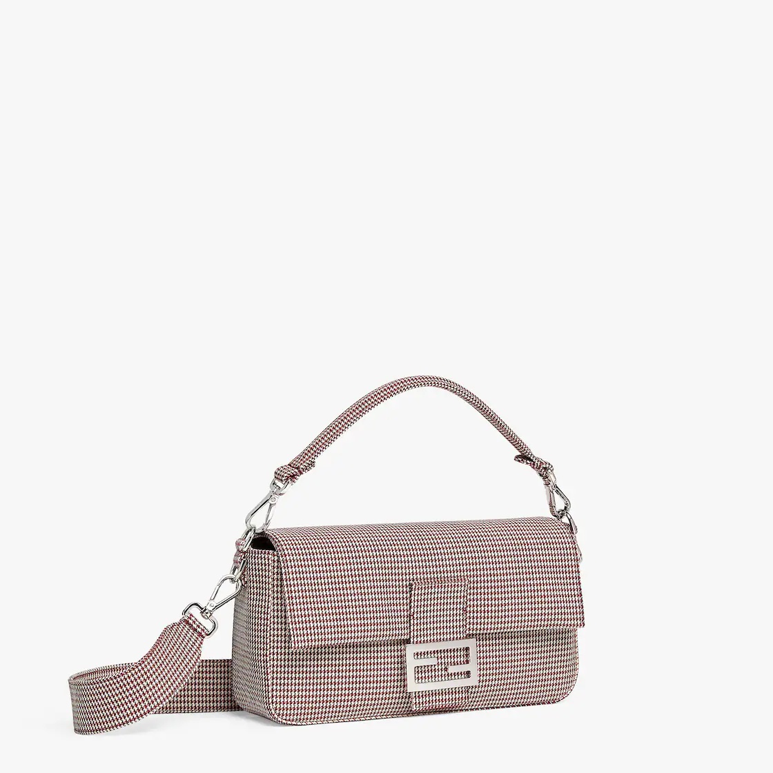Baguette made of fabric with houndstooth motif in white and red, with square flap and FF magnetic cl - 2