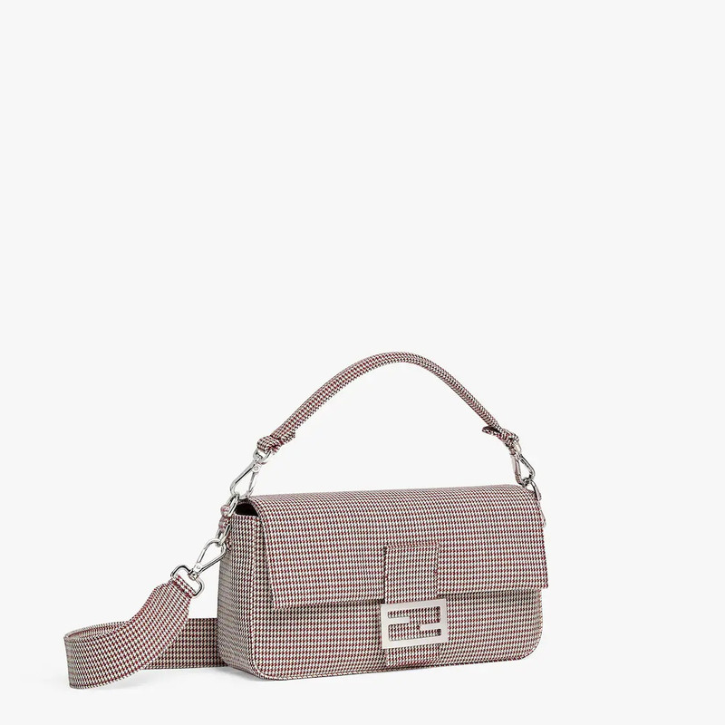 Baguette made of fabric with houndstooth motif in white and red, with square flap and FF magnetic cl 2