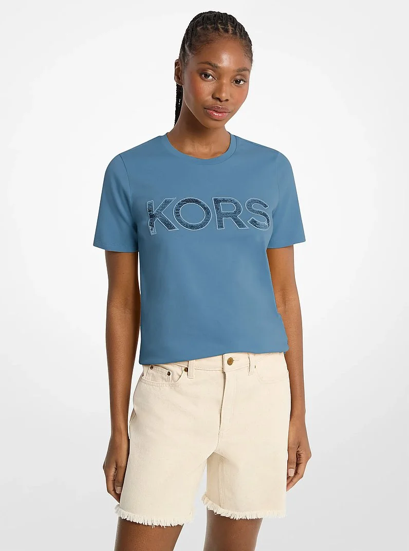 Sequined Logo Cotton T-Shirt - 1