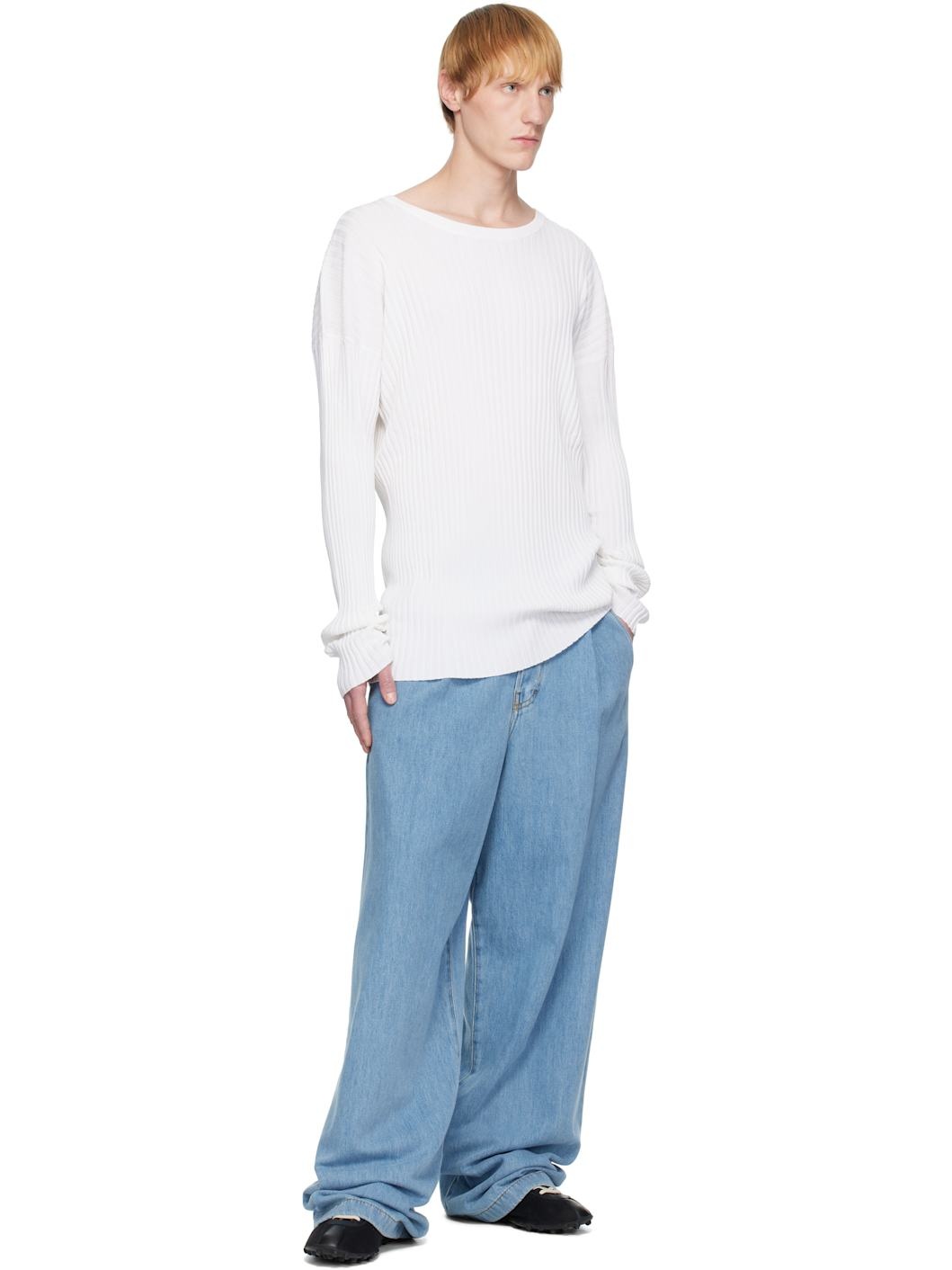 White Rib-Knit Sweater - 4
