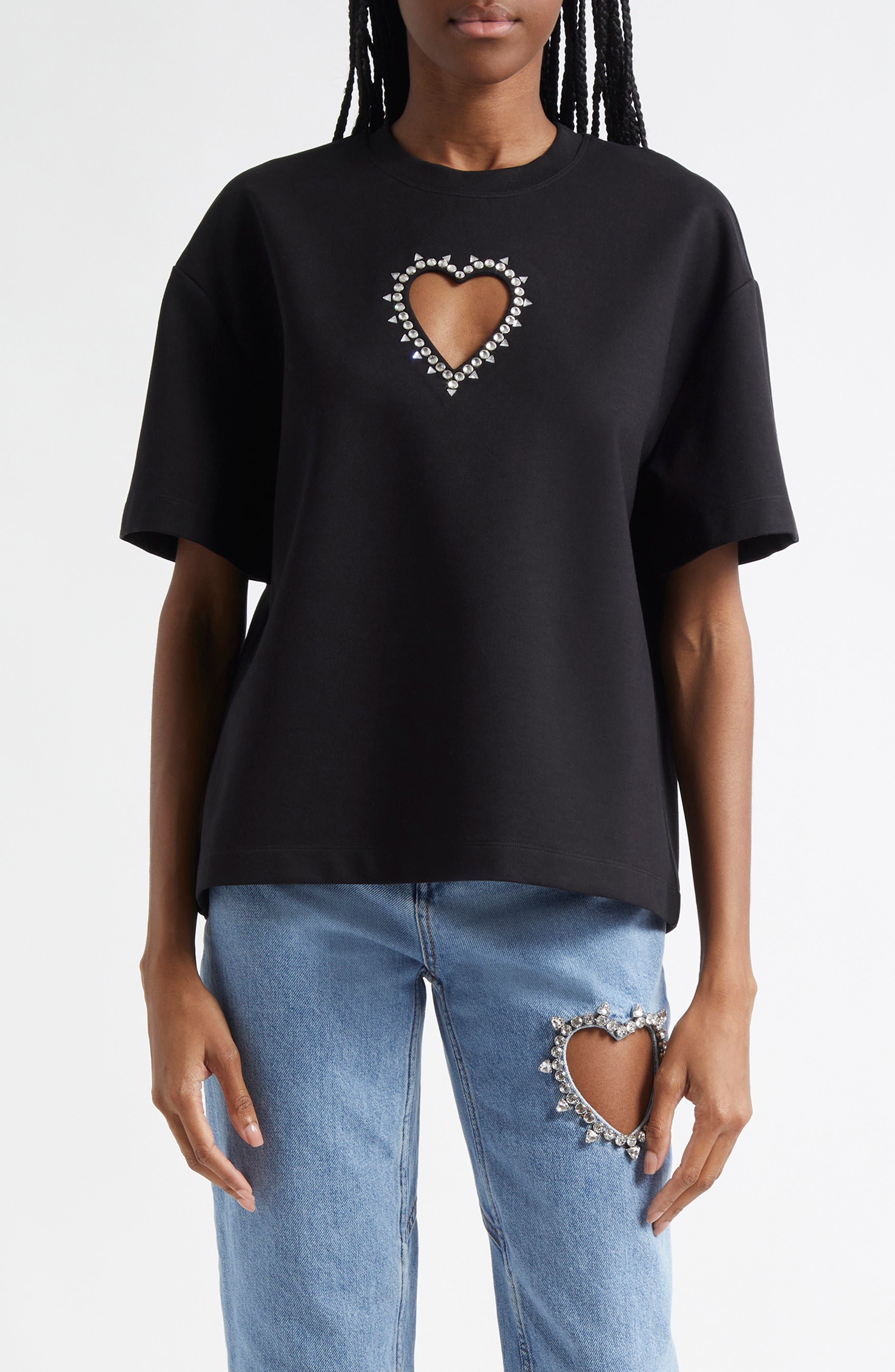 Area Crystal Trim Heart Cutout Relaxed Fit T-Shirt in Black at Nordstrom - 1